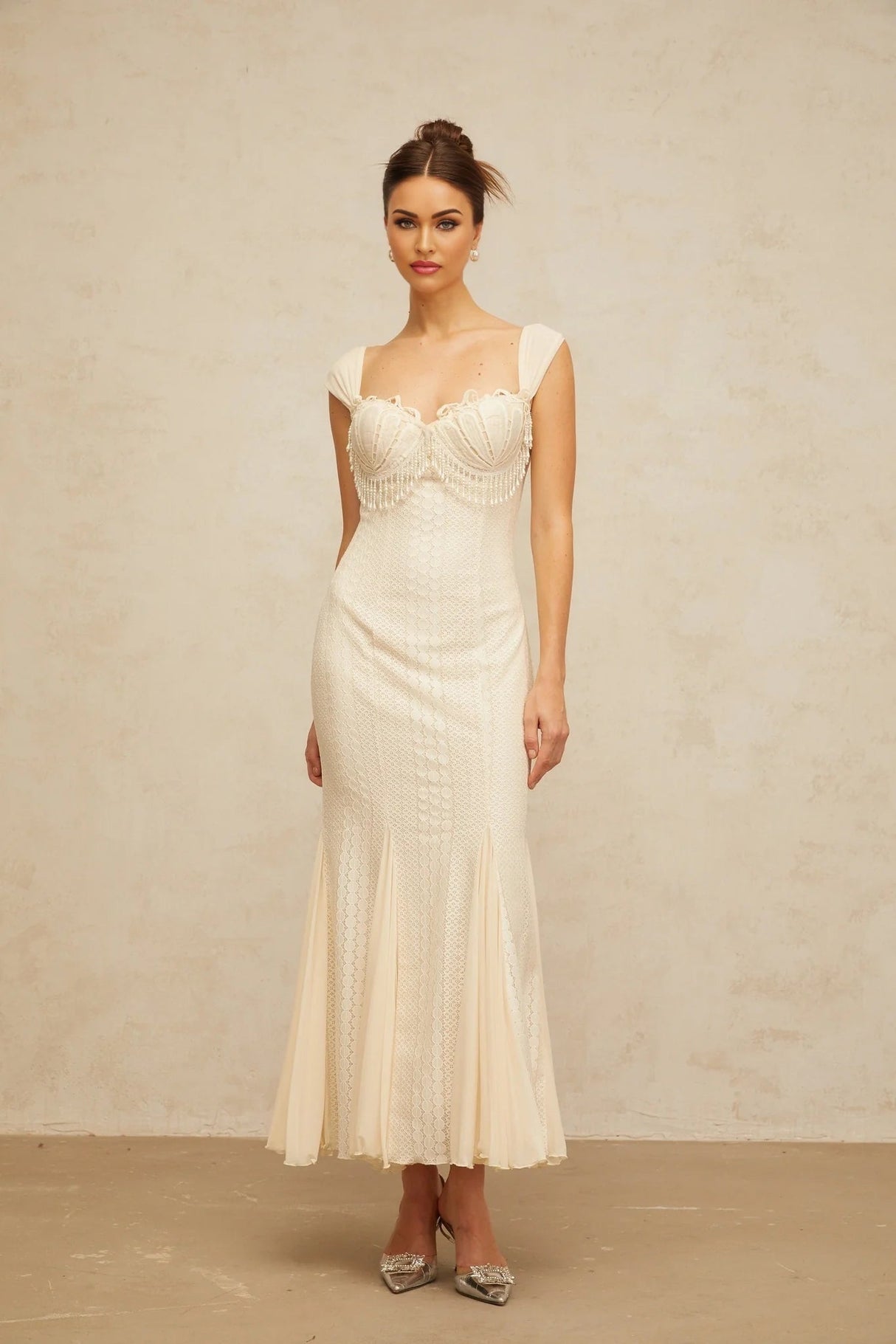 Colomba Maxi Dress Cream - White Faux - Pearl Embellished Feminine Flare