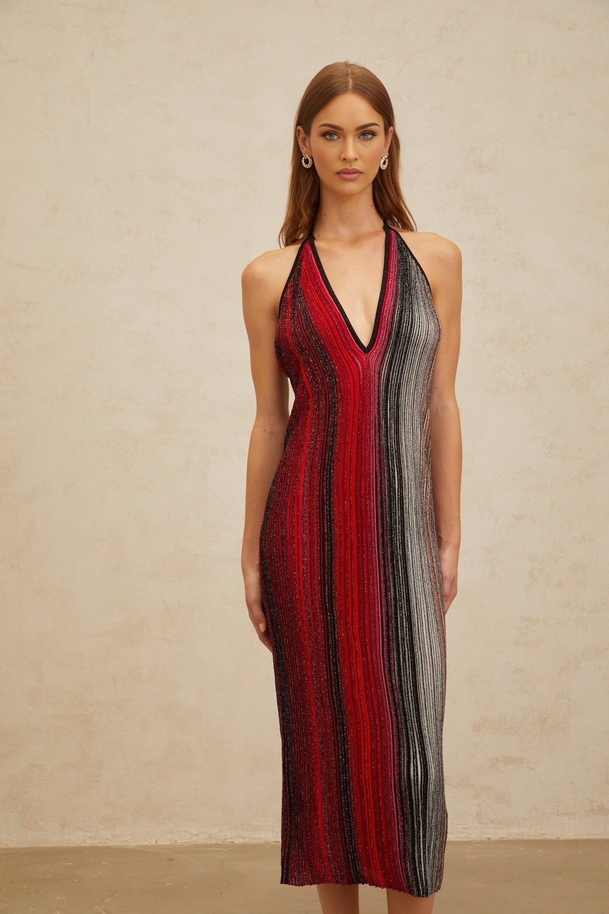 Colomba Midi Dress - Sleeveless Halterneck - Pleated Stripe Pattern - Sequin Embellishment - Metallic Threading - Rear Tie Fastening
