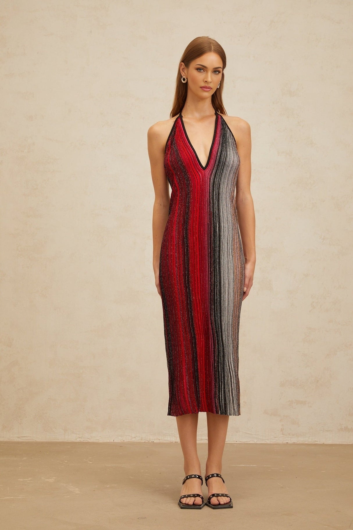 Colomba Midi Dress - Sleeveless Halterneck - Pleated Stripe Pattern - Sequin Embellishment - Metallic Threading - Rear Tie Fastening