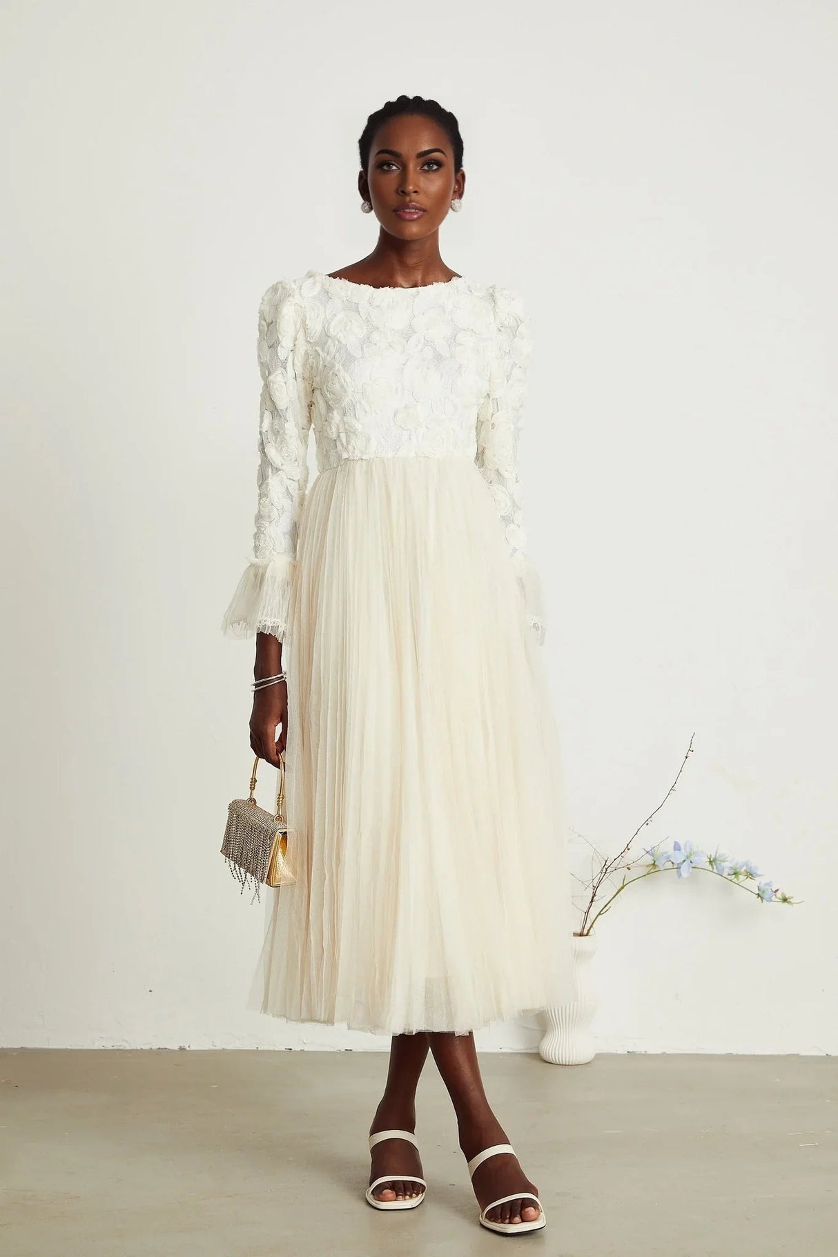 Colomba Midi Dress – Tulle Panels – Floral Appliqué – Fully Pleated