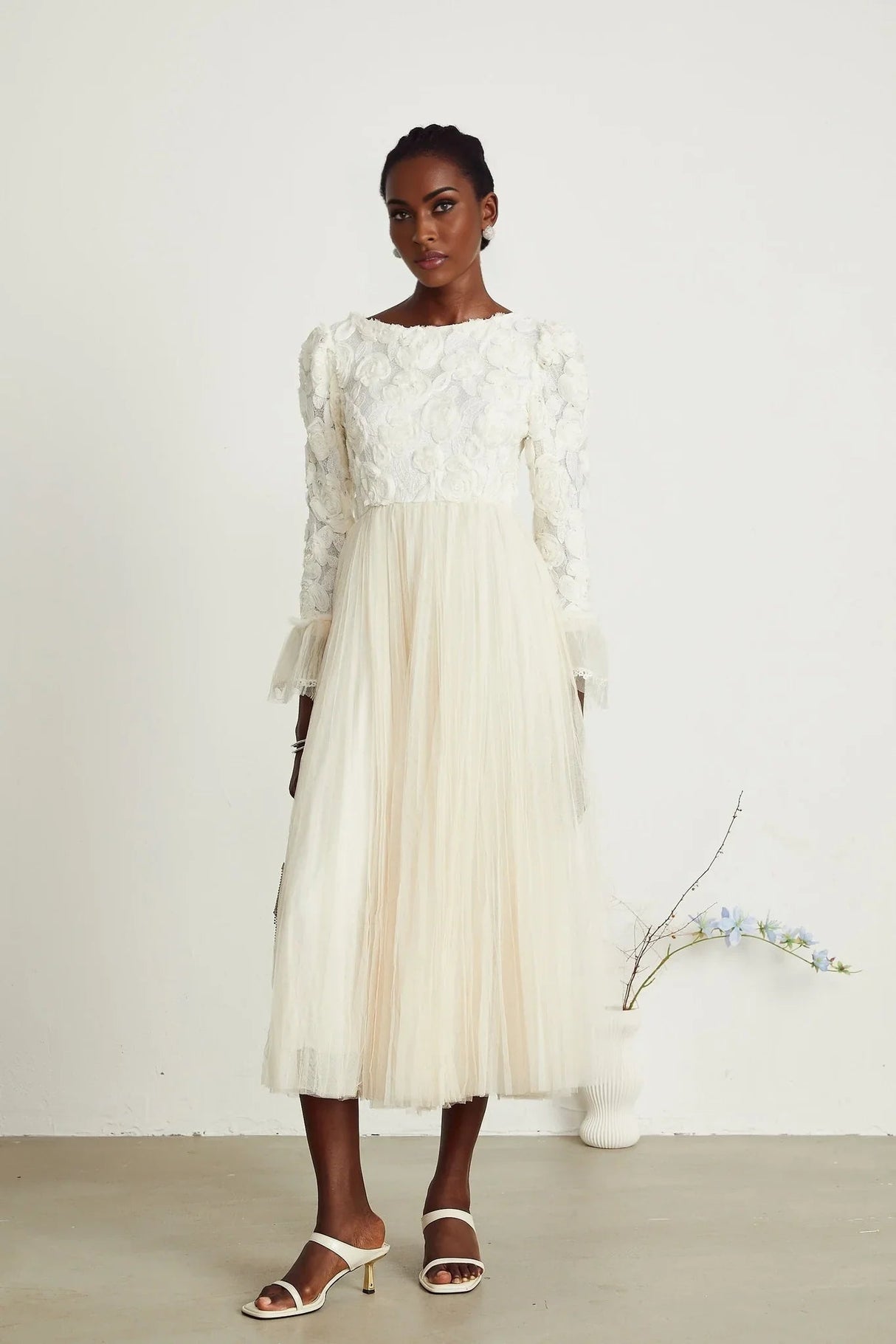 Colomba Midi Dress – Tulle Panels – Floral Appliqué – Fully Pleated