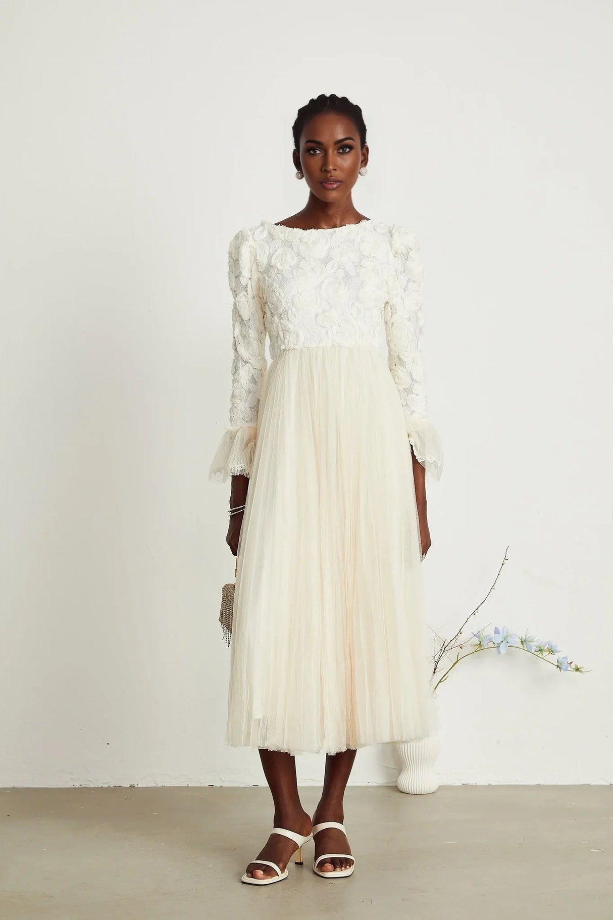 Colomba Midi Dress – Tulle Panels – Floral Appliqué – Fully Pleated