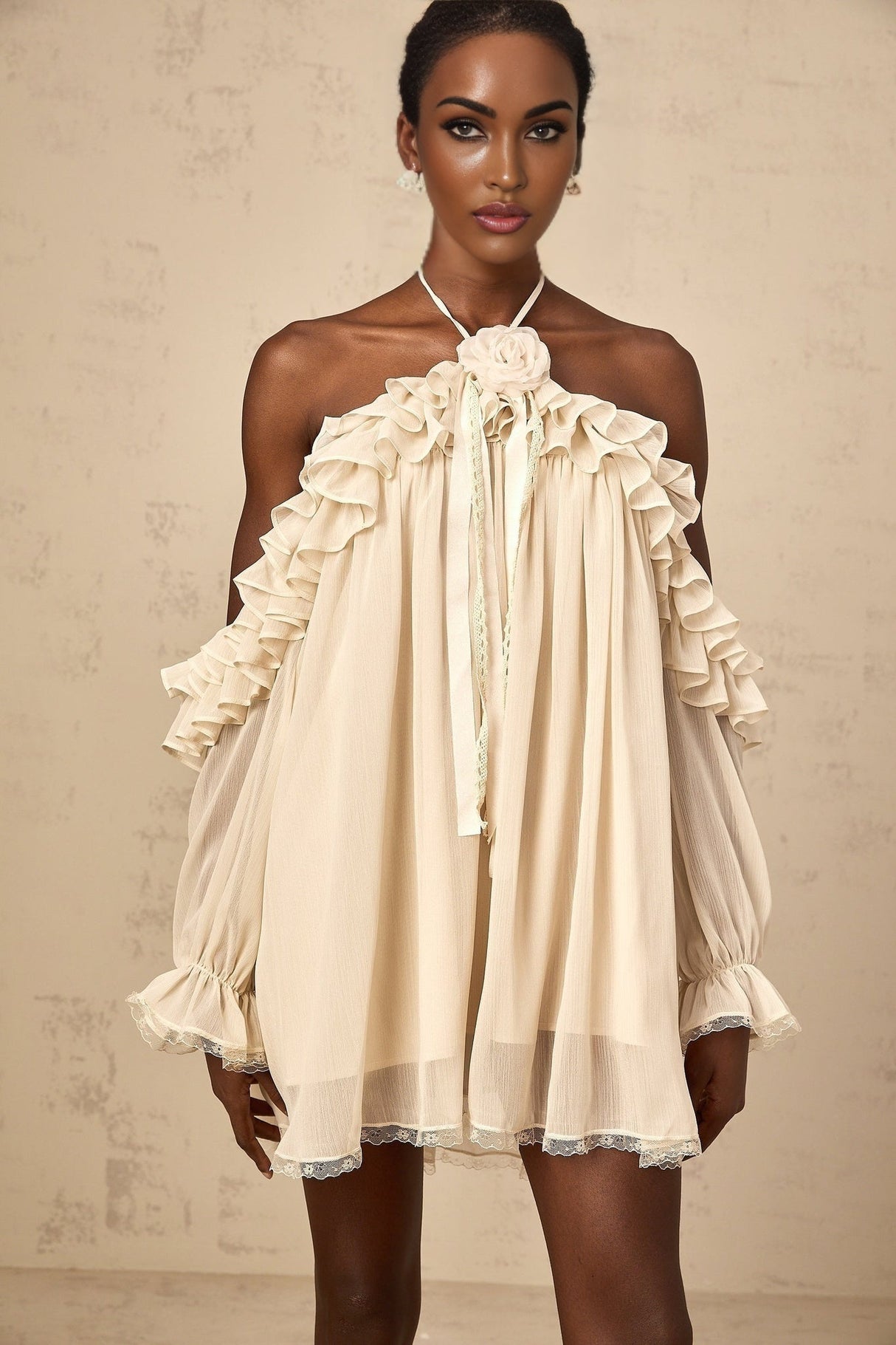 Colomba Mini Dress – Halterneck – Ruffled Detailing – Floral Appliqué