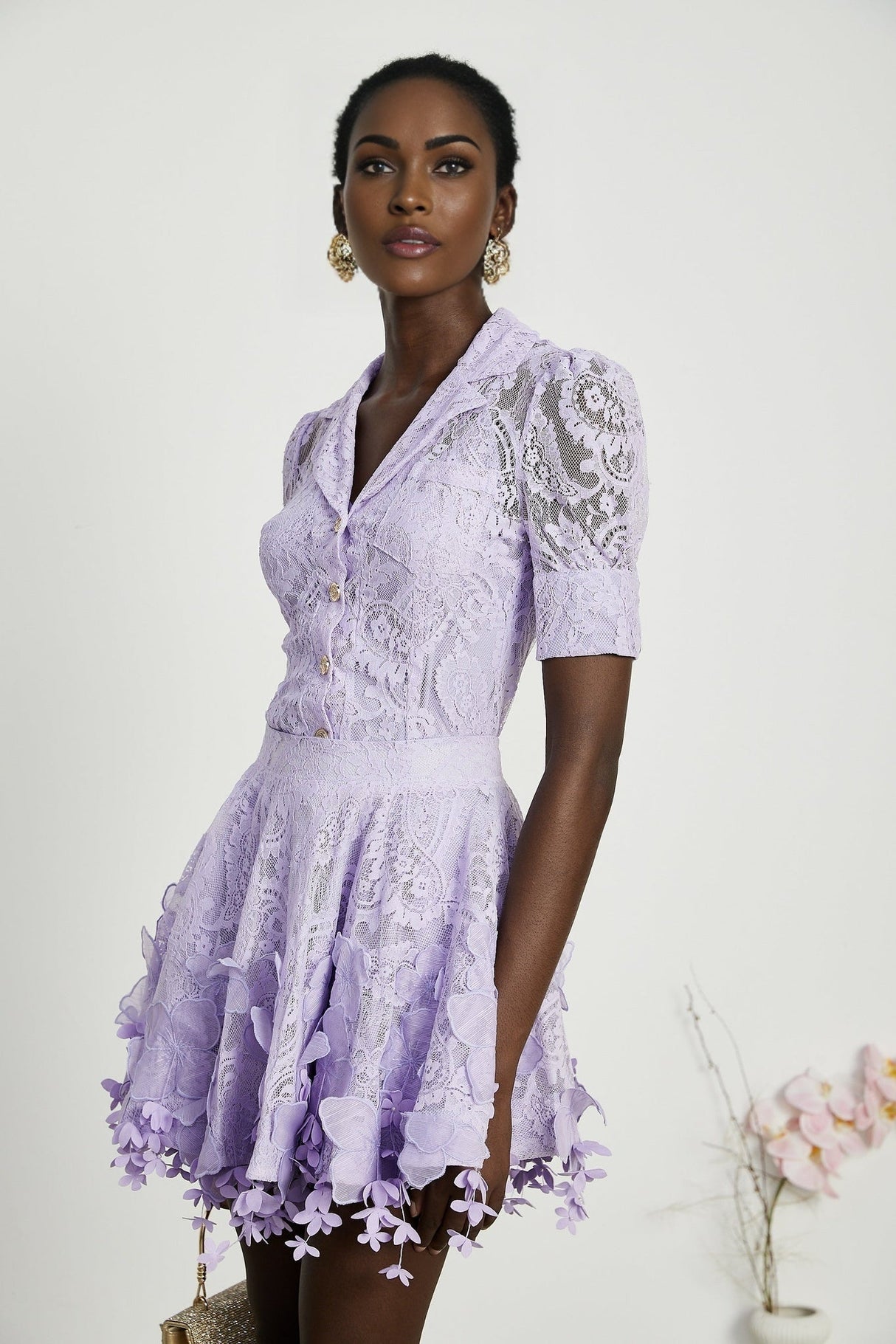 Colomba Skirt & Top Set - Lace Embroidery - Notched Lapels - Faux - Flower Embellishment - Mini Length