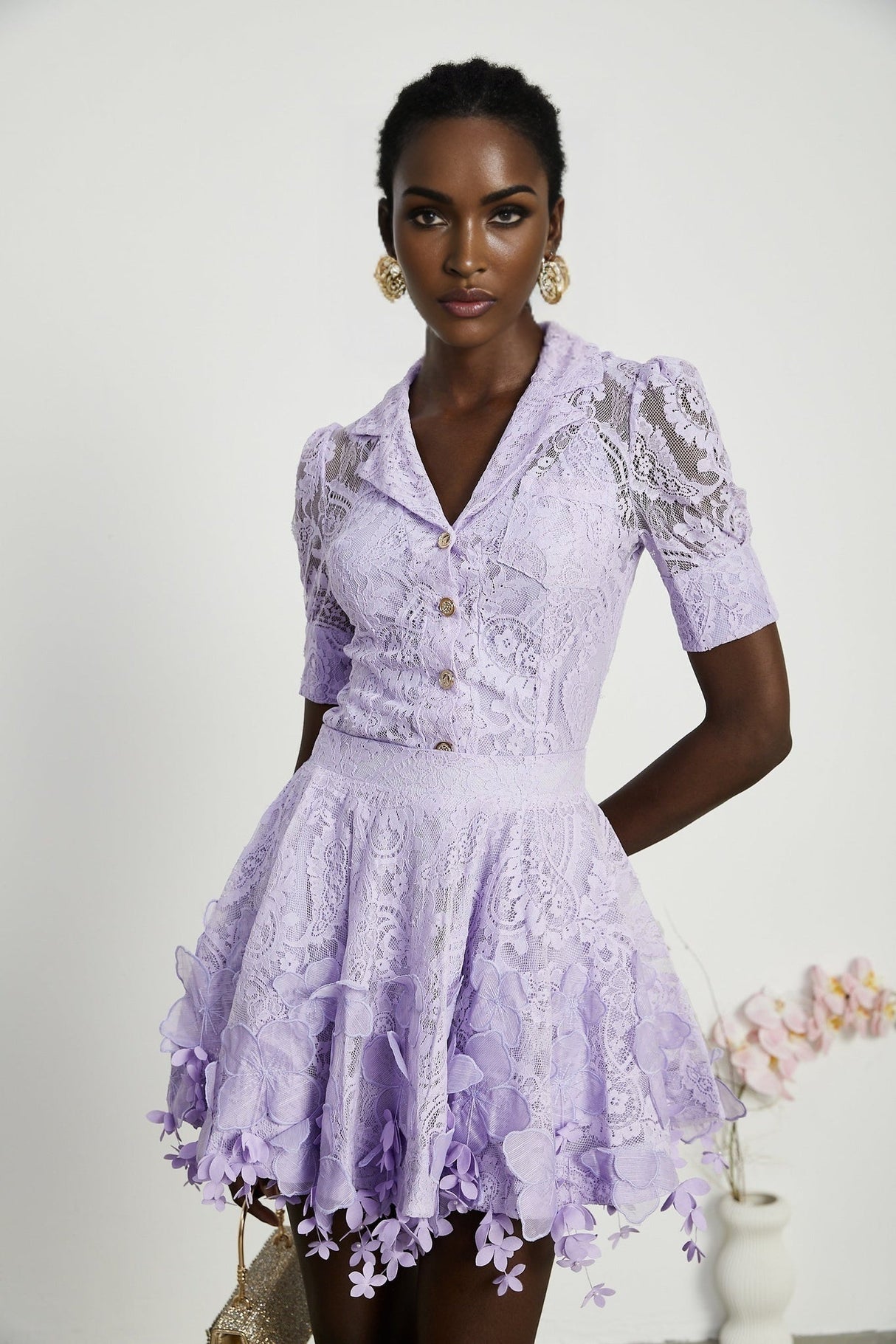 Colomba Skirt & Top Set - Lace Embroidery - Notched Lapels - Faux - Flower Embellishment - Mini Length