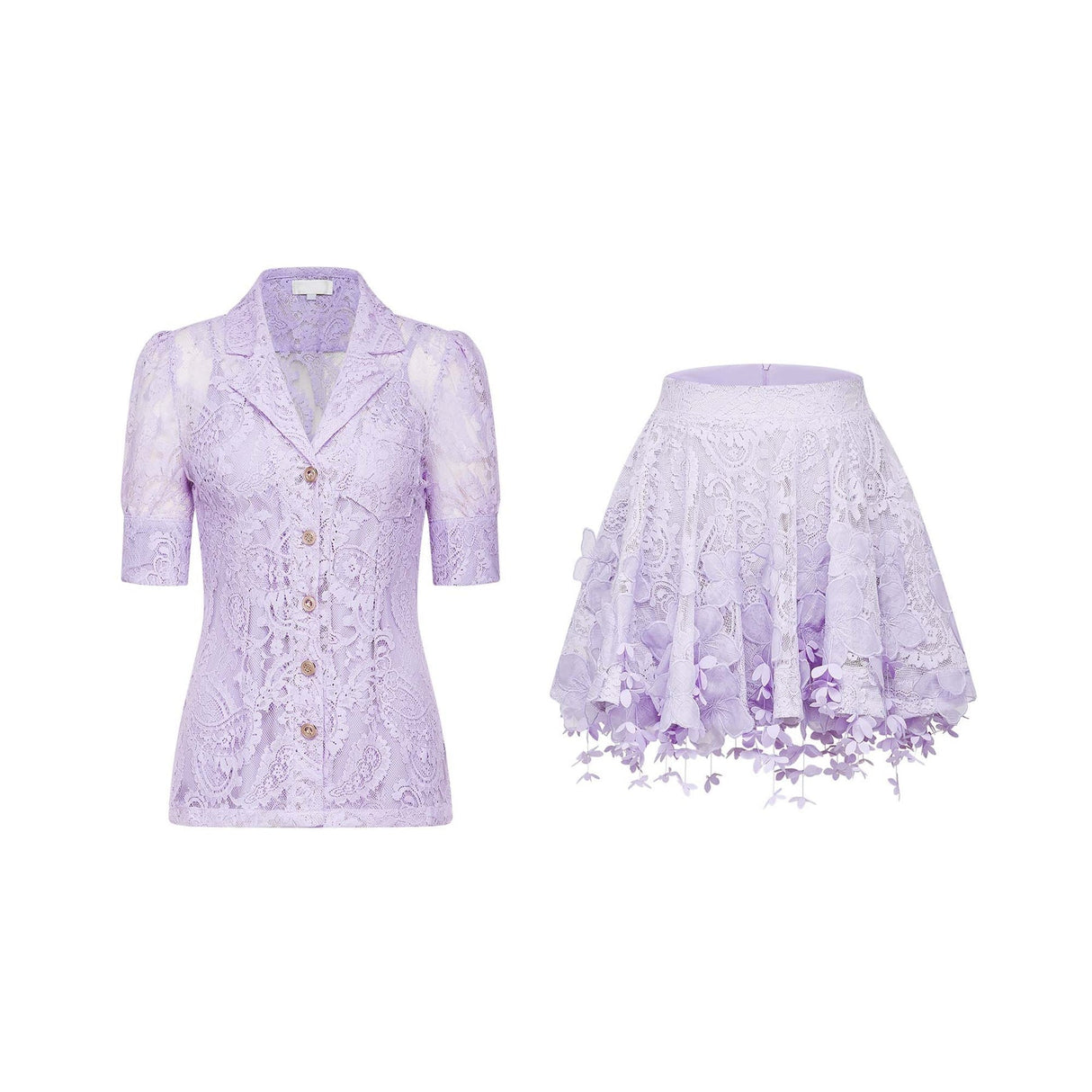 Colomba Skirt & Top Set - Lace Embroidery - Notched Lapels - Faux - Flower Embellishment - Mini Length