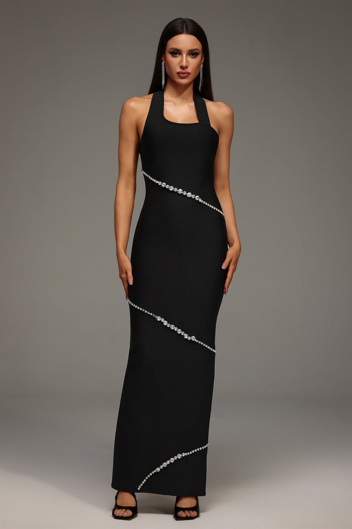 Concetta Black Halter Neckline Embellished Formal Dress