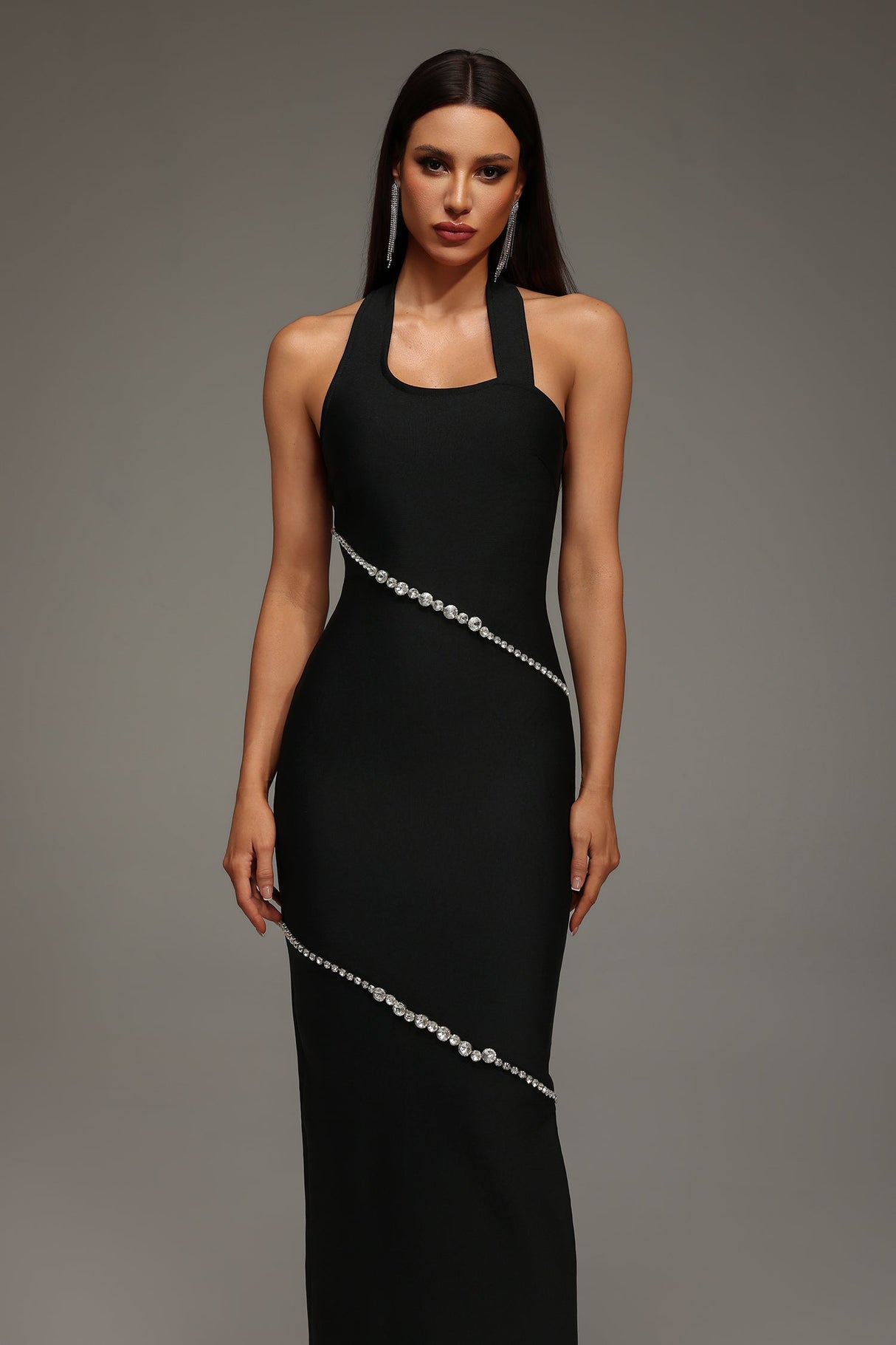 Concetta Black Halter Neckline Embellished Formal Dress