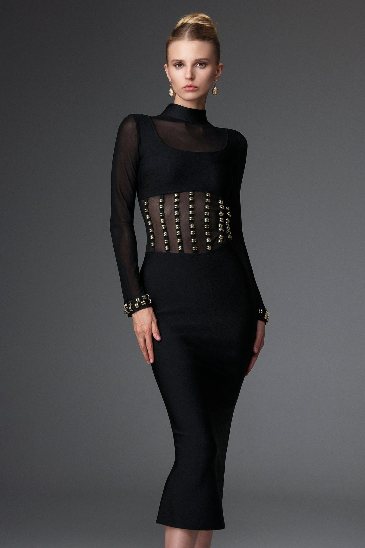 Concetta Black Mesh Bandage Dress with Long Sleeves and Waist Detailing