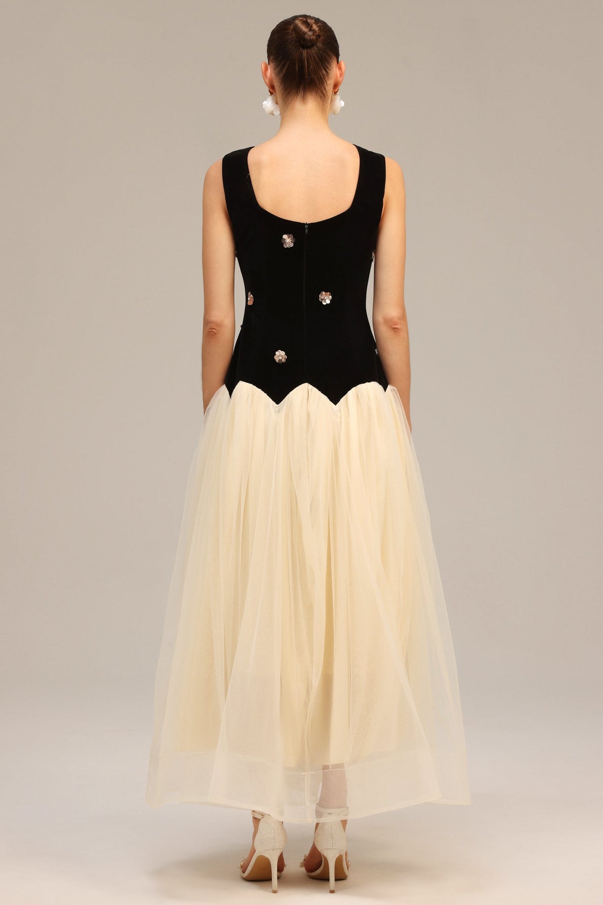 Concetta Black Velvet Sequined Flower Tulle Dress