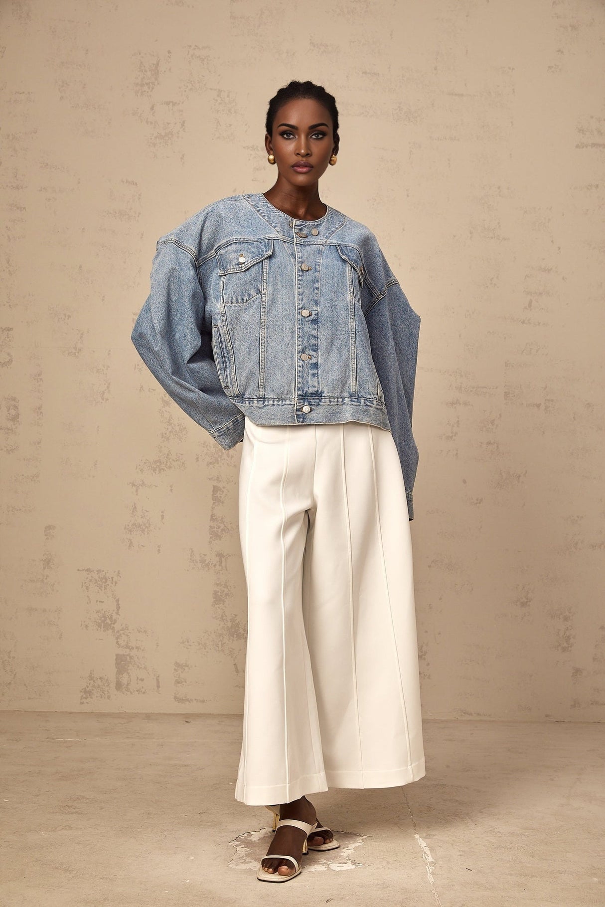 Concetta Denim Jacket - Collarless Design - Buttoned Cuffs - Folded Edge - Chest & Side Pockets