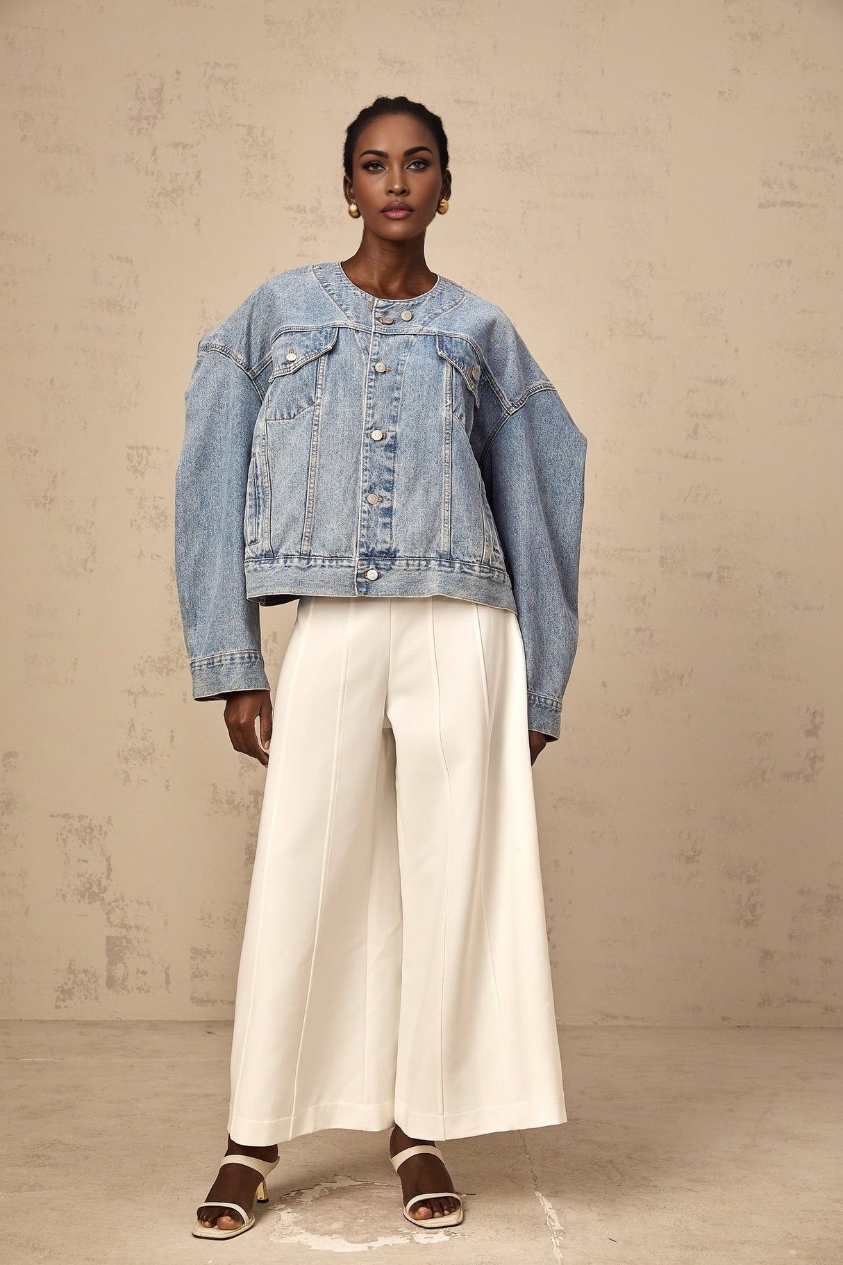 Concetta Denim Jacket - Collarless Design - Buttoned Cuffs - Folded Edge - Chest & Side Pockets