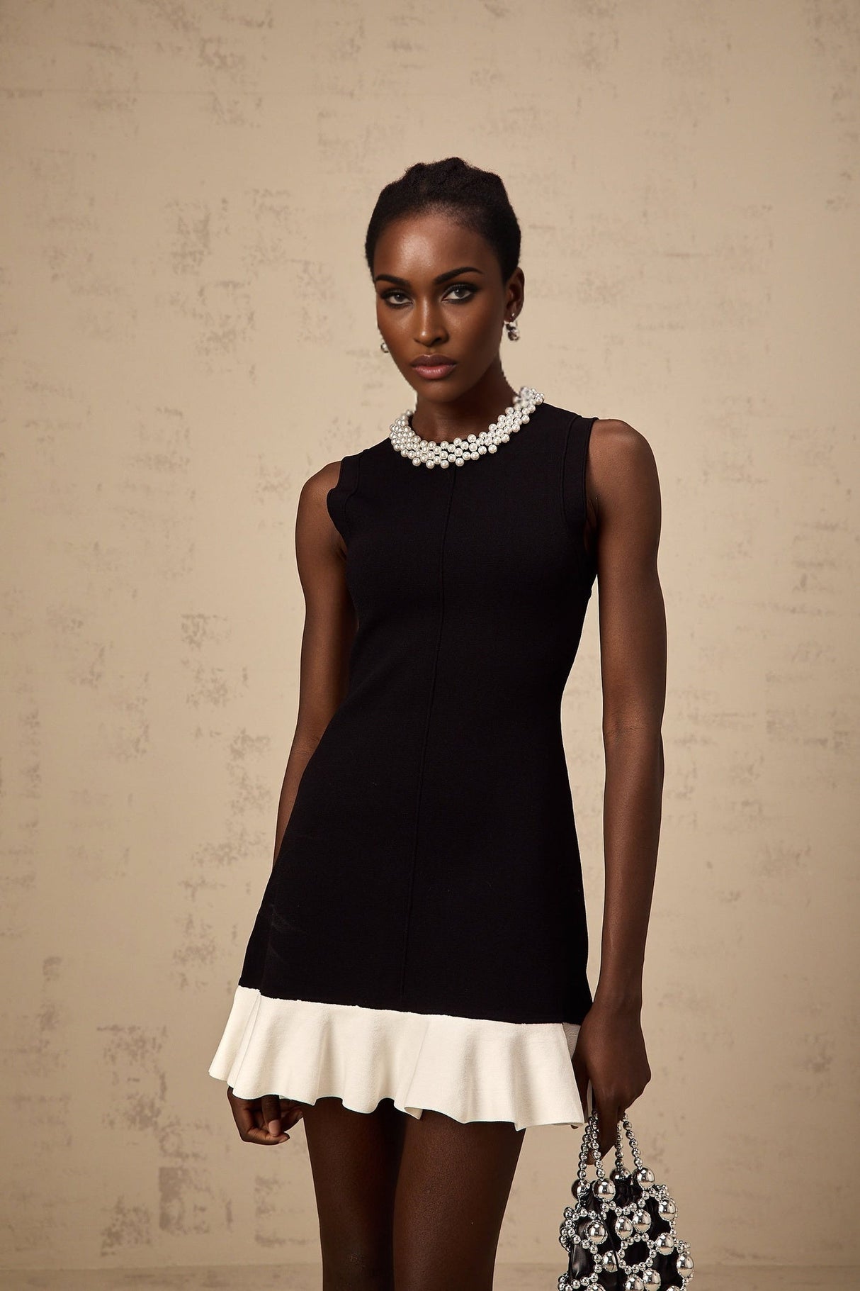Concetta Mini Dress - Sleeveless Style - Knitted Construction - Ruffled Detailing - Contrast Colors - Faux - Pearl Embellishment
