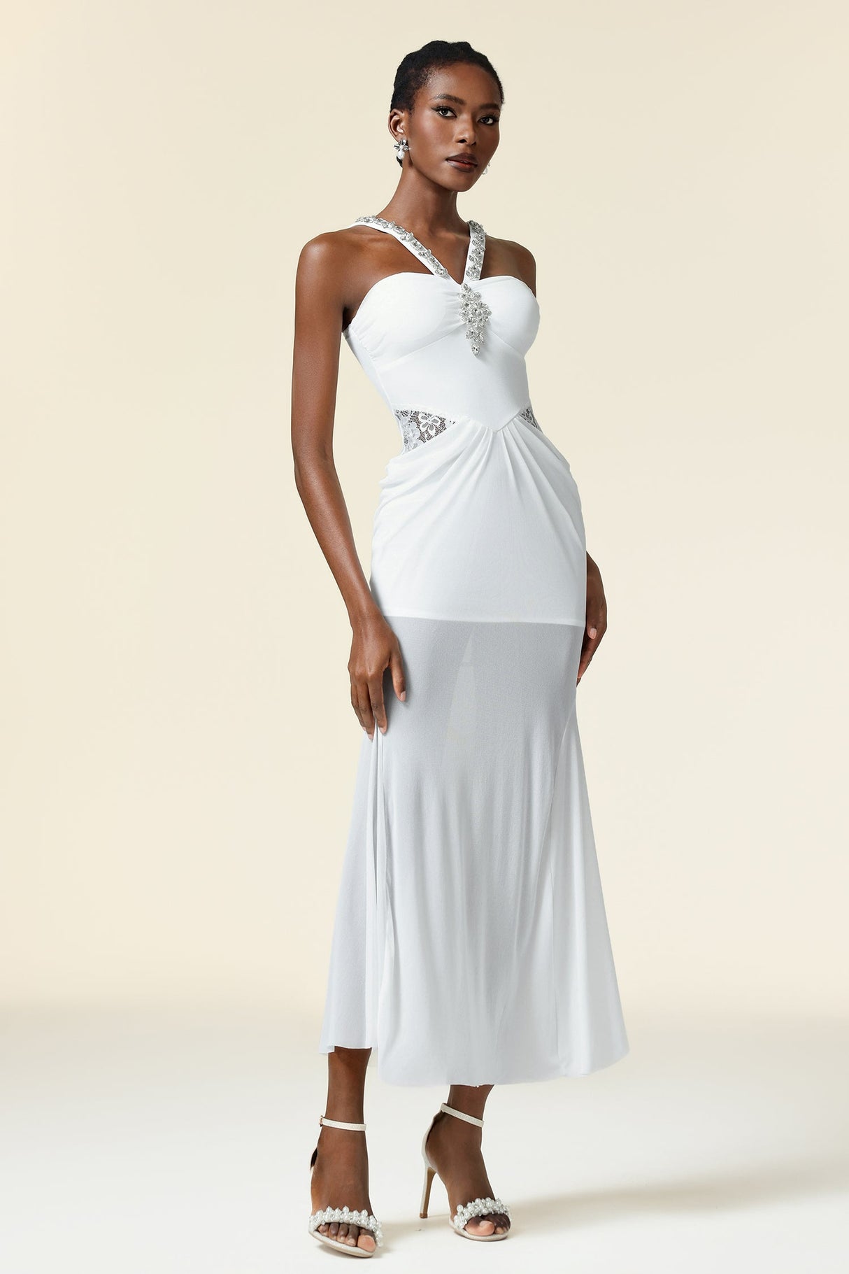 Concetta White Maxi Dress Strapless Neckline Waist Gathering Embellishments