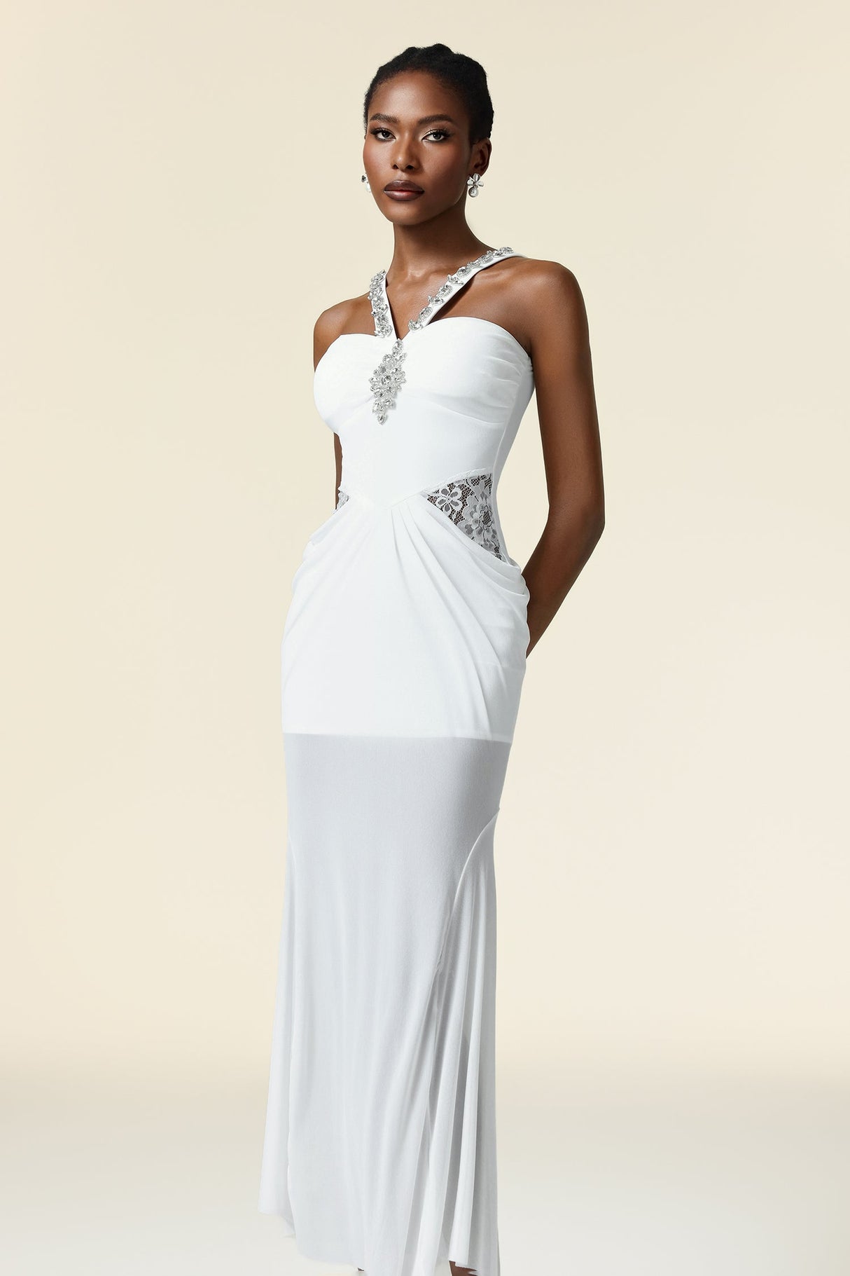 Concetta White Maxi Dress Strapless Neckline Elegant Embellishments