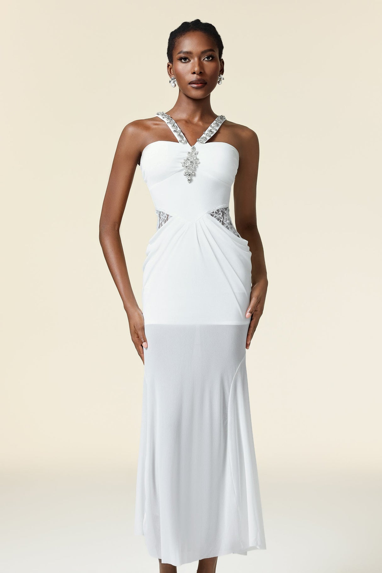 Concetta White Maxi Dress Strapless Neckline Elegant Embellishments