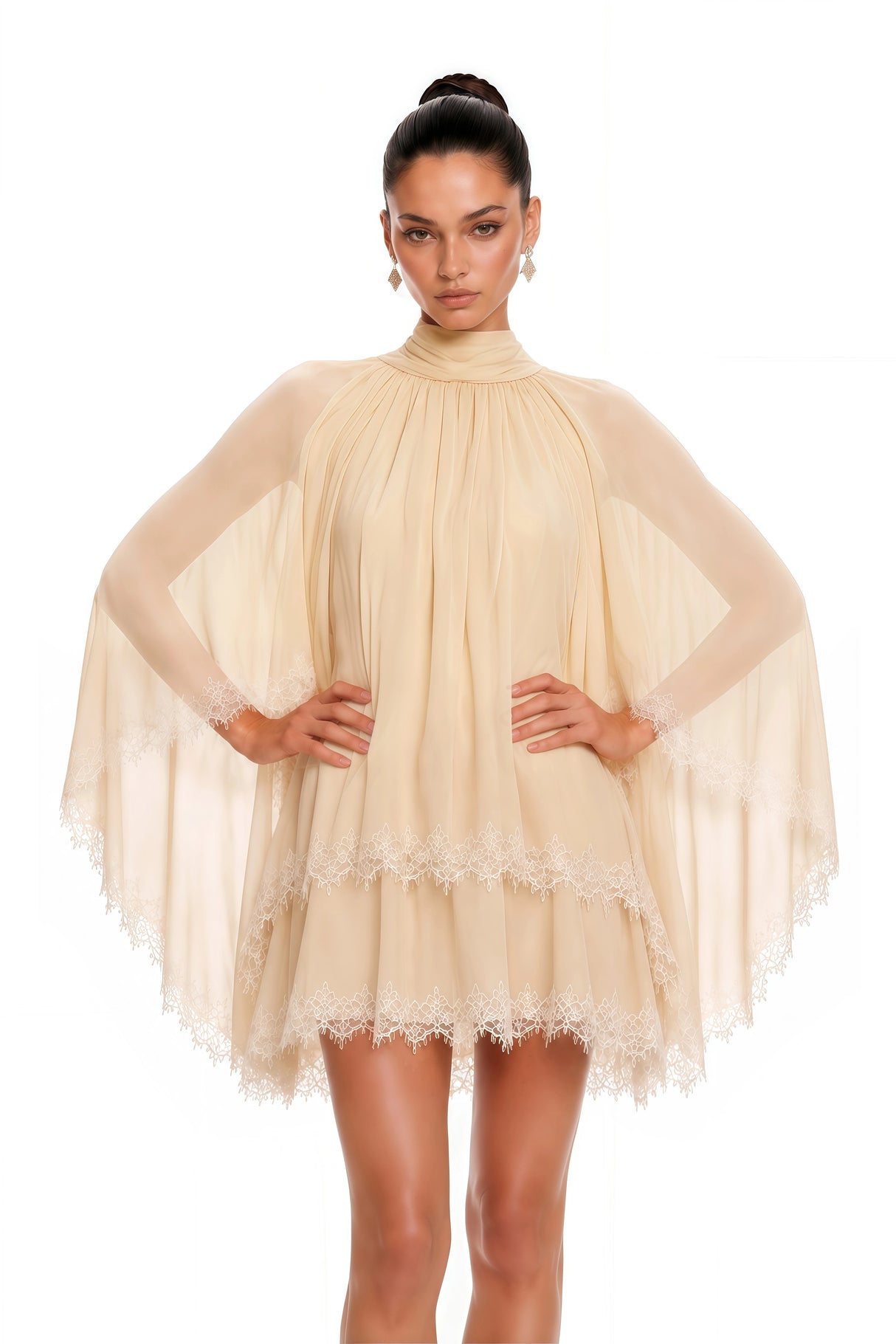 Consuela Neutral Pleated Mini Dress with Lace Trim