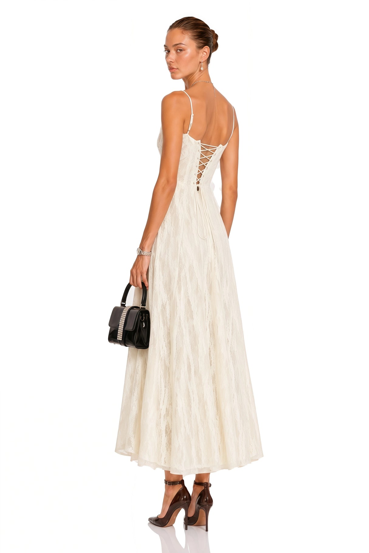 Coralie White Pleated Lace Midi Dress