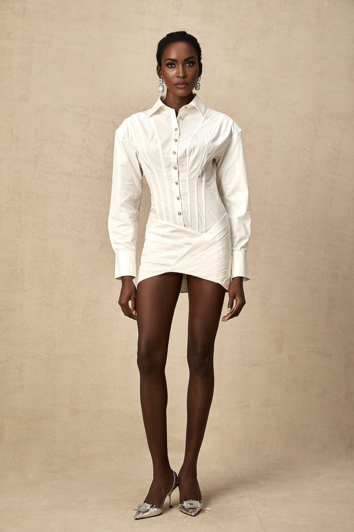 Coraline Mini Dress - Long Sleeve Buttoned Cuffs - Cinched Waist