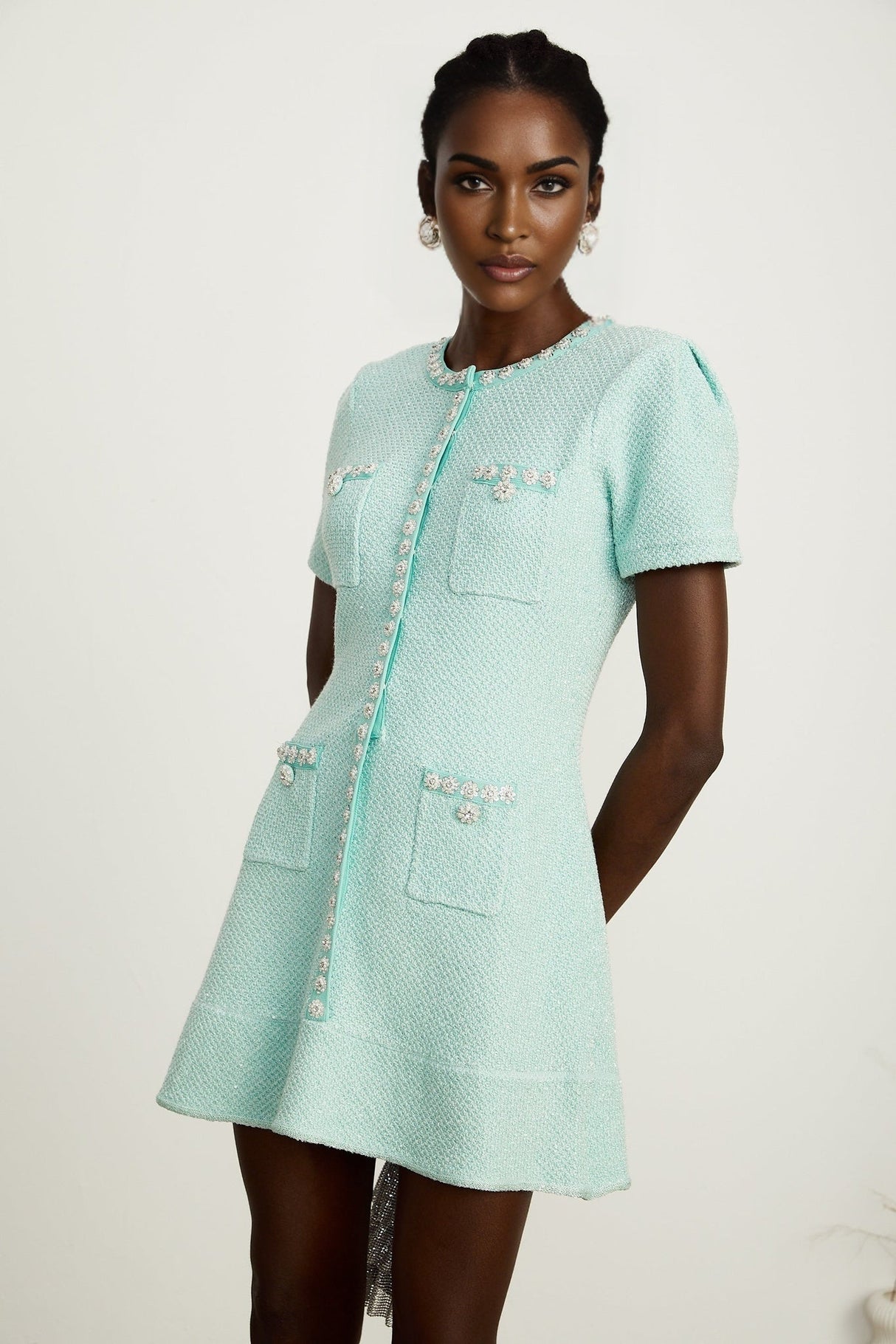 Coraline Mini Dress - Round Neck Design - Short Sleeves - Sequin & Crystal Embellishments - Front Patch Pockets