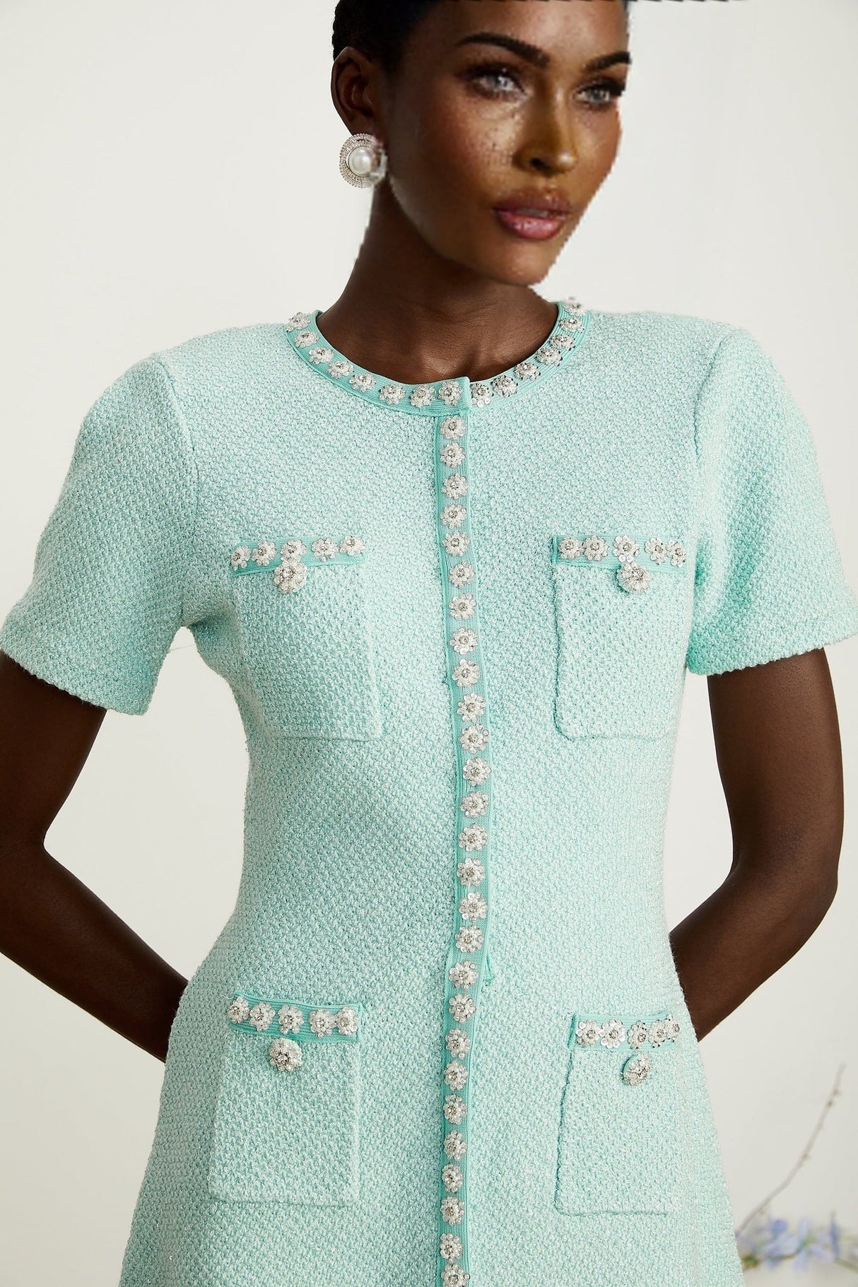 Coraline Mini Dress - Round Neck Design - Short Sleeves - Sequin & Crystal Embellishments - Front Patch Pockets