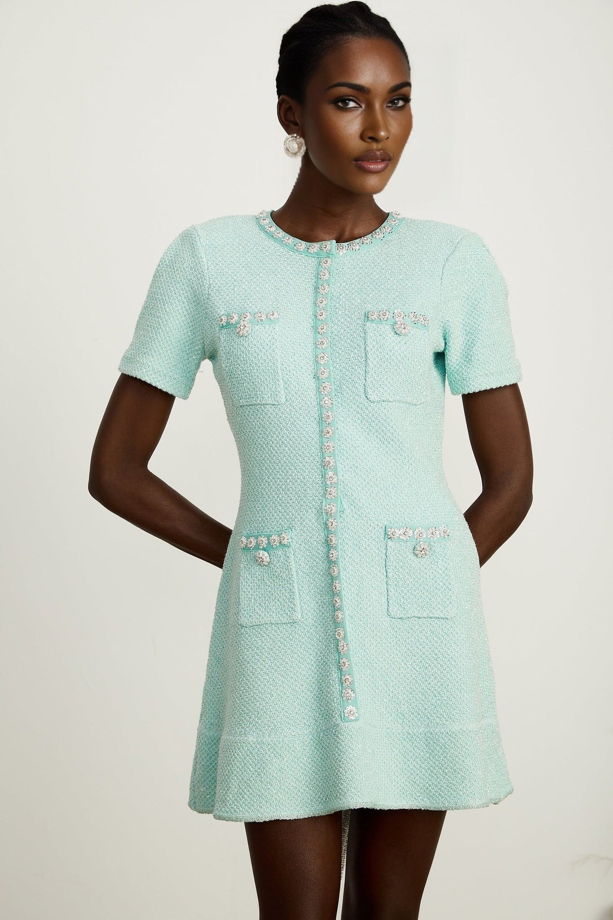 Coraline Mini Dress - Round Neck Design - Short Sleeves - Sequin & Crystal Embellishments - Front Patch Pockets