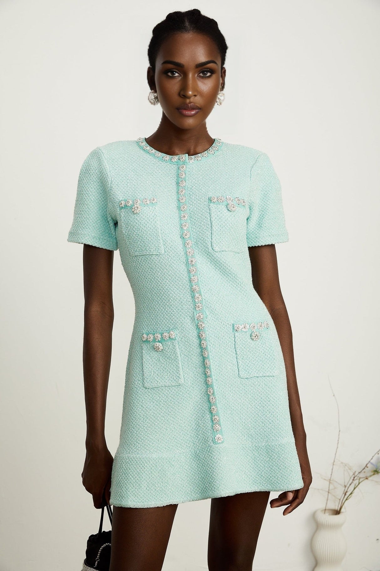 Coraline Mini Dress - Round Neck Design - Short Sleeves - Sequin & Crystal Embellishments - Front Patch Pockets