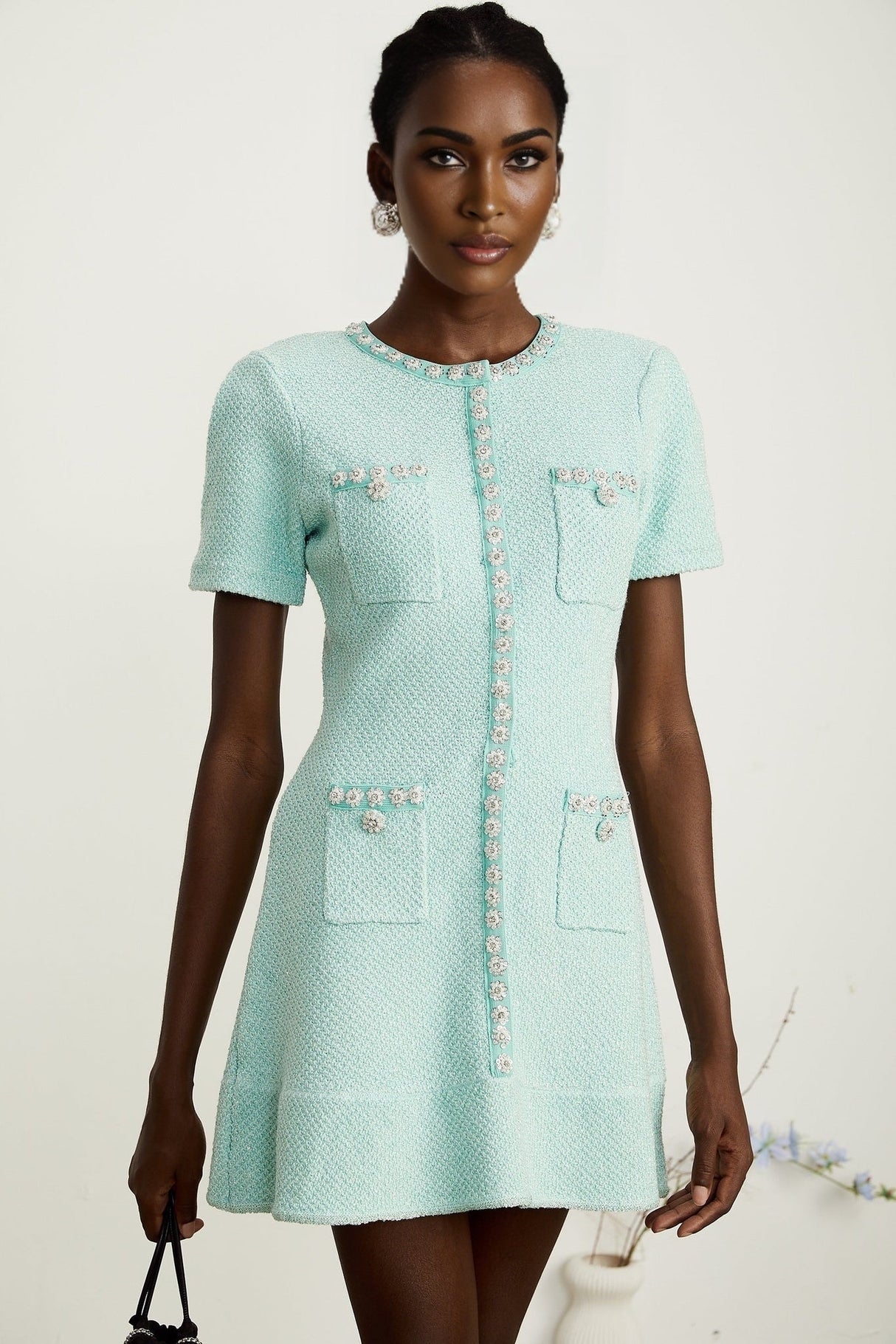 Coraline Mini Dress - Round Neck Design - Short Sleeves - Sequin & Crystal Embellishments - Front Patch Pockets