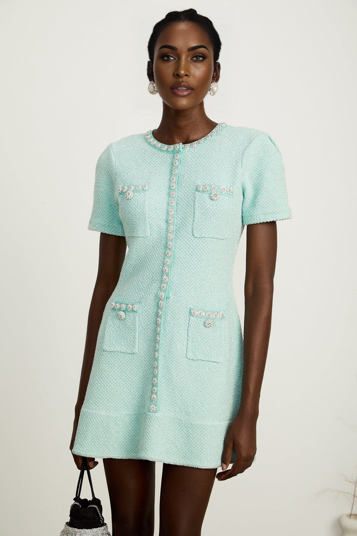 Coraline Mini Dress - Round Neck Design - Short Sleeves - Sequin & Crystal Embellishments - Front Patch Pockets