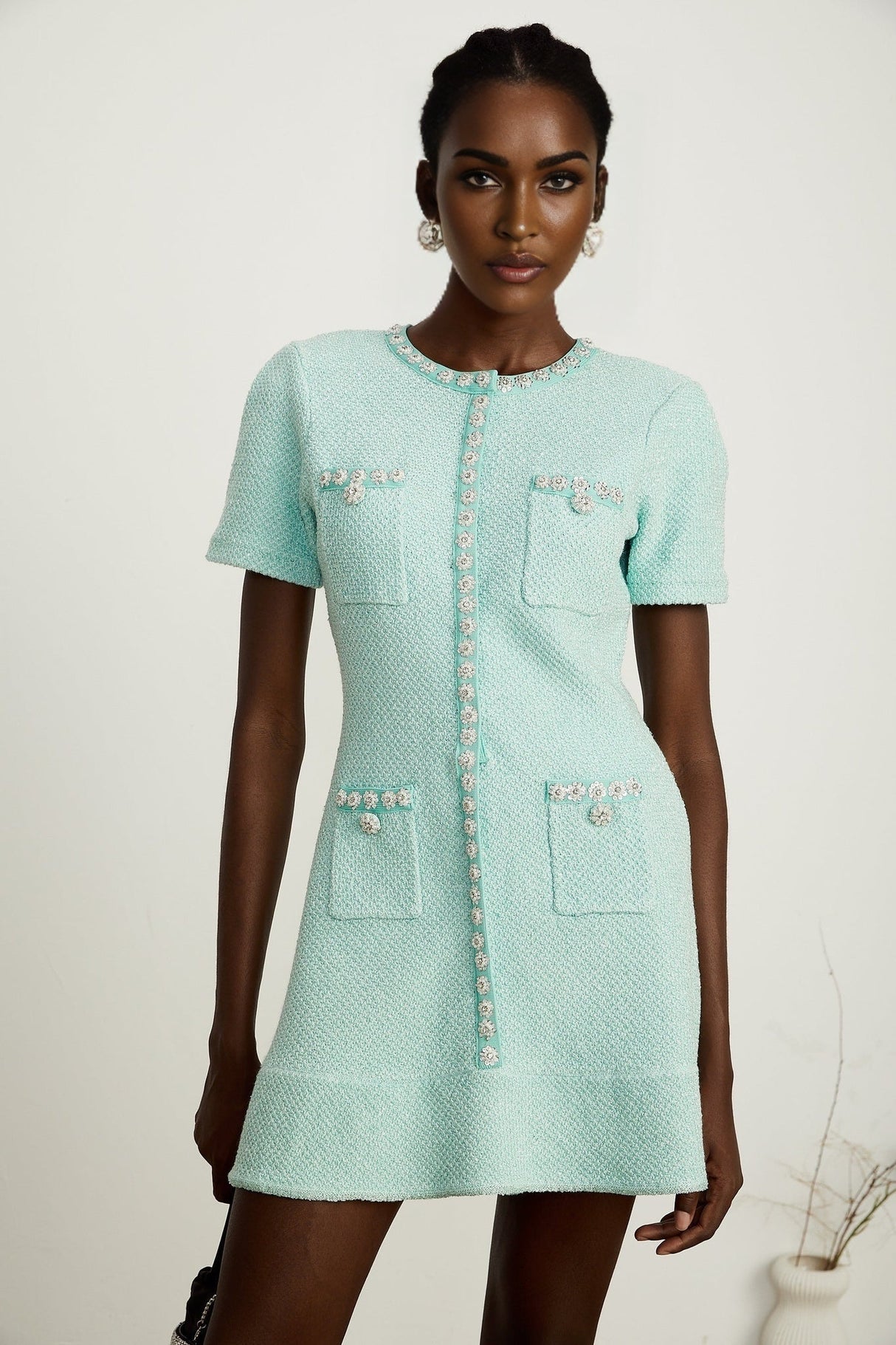 Coraline Mini Dress - Round Neck Design - Short Sleeves - Sequin & Crystal Embellishments - Front Patch Pockets