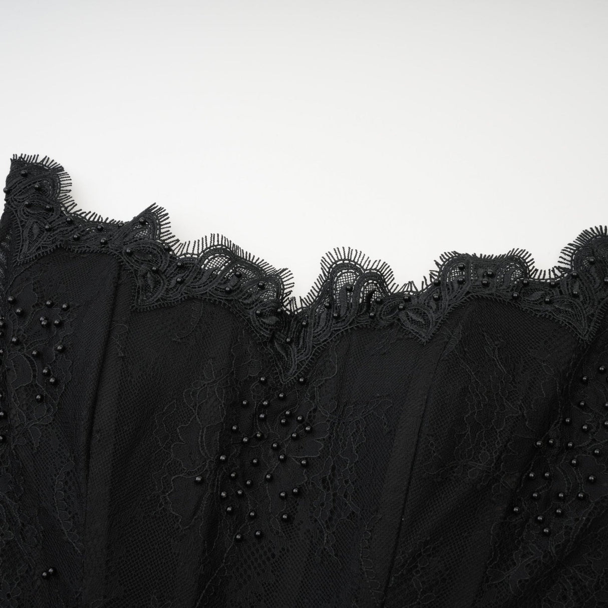 Coraline Off Shoulder Mini Dress - Mesh Floral Lace - Faux - Pearl Embellishment - Ribbon Detail - Lace Hem