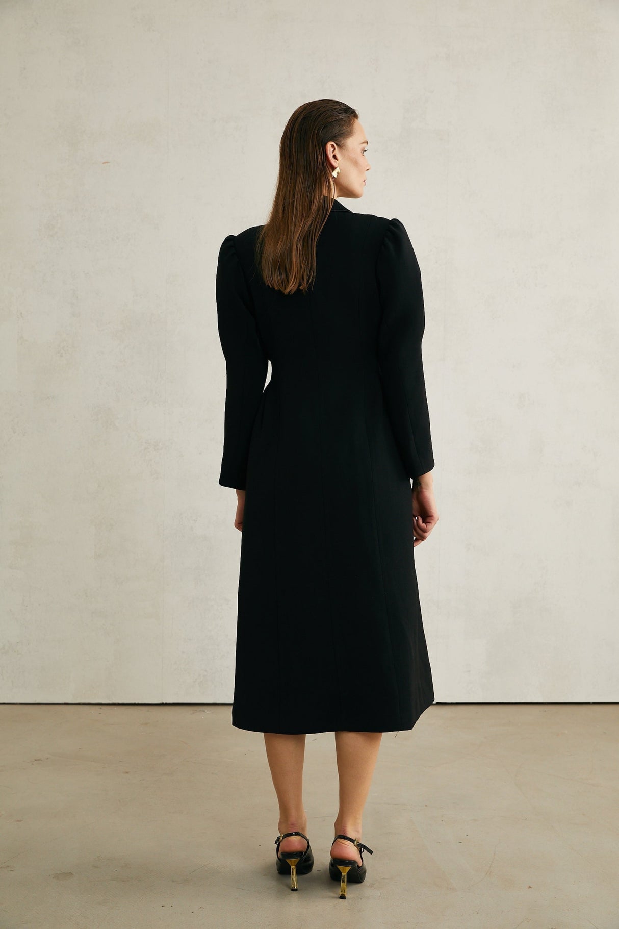 Corinna Long Sleeve Midi Dress - Lapel Neckline - Pleat Detailing - Waist - Tightened Design - Front Button Fastening