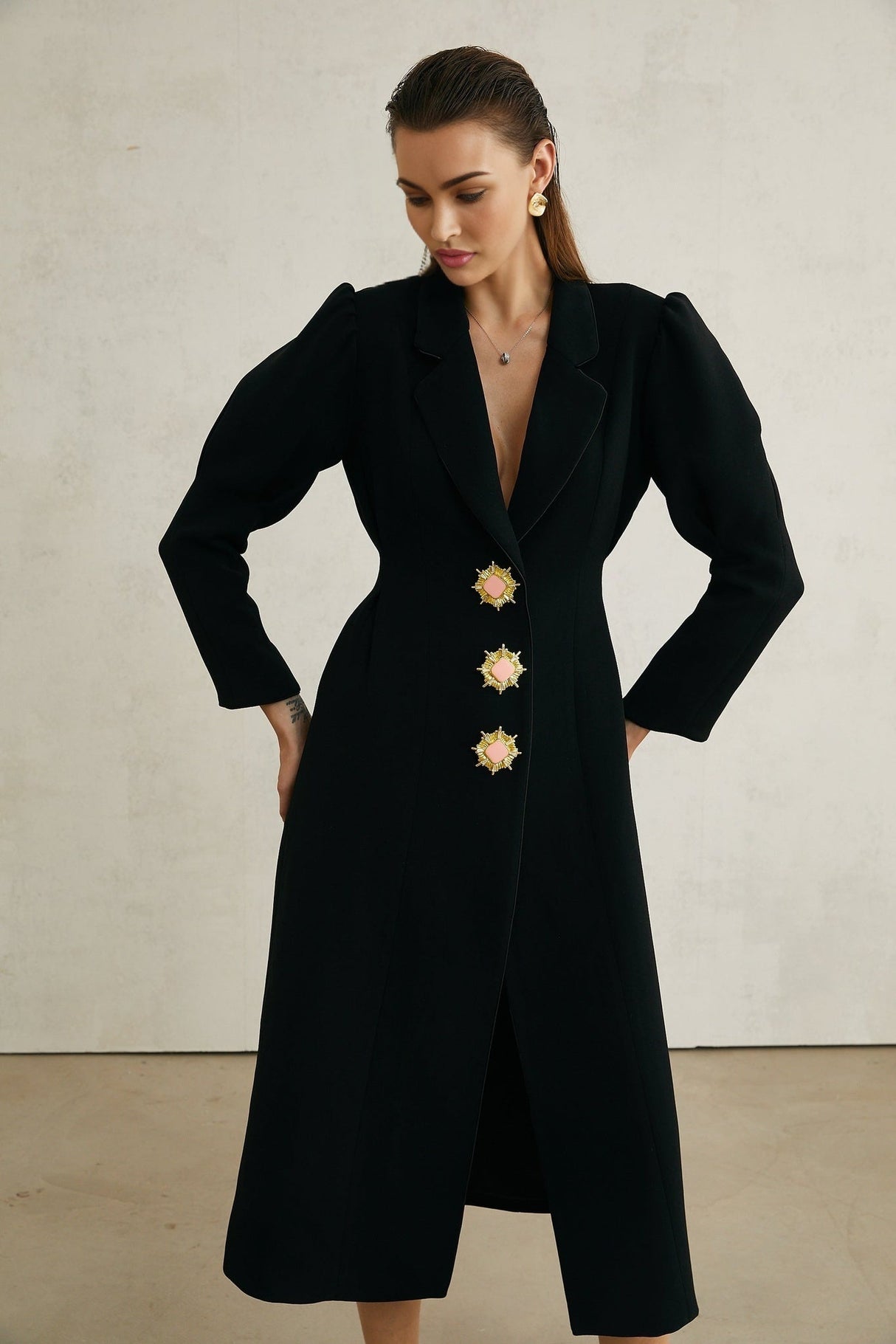 Corinna Long Sleeve Midi Dress - Lapel Neckline - Pleat Detailing - Waist - Tightened Design - Front Button Fastening