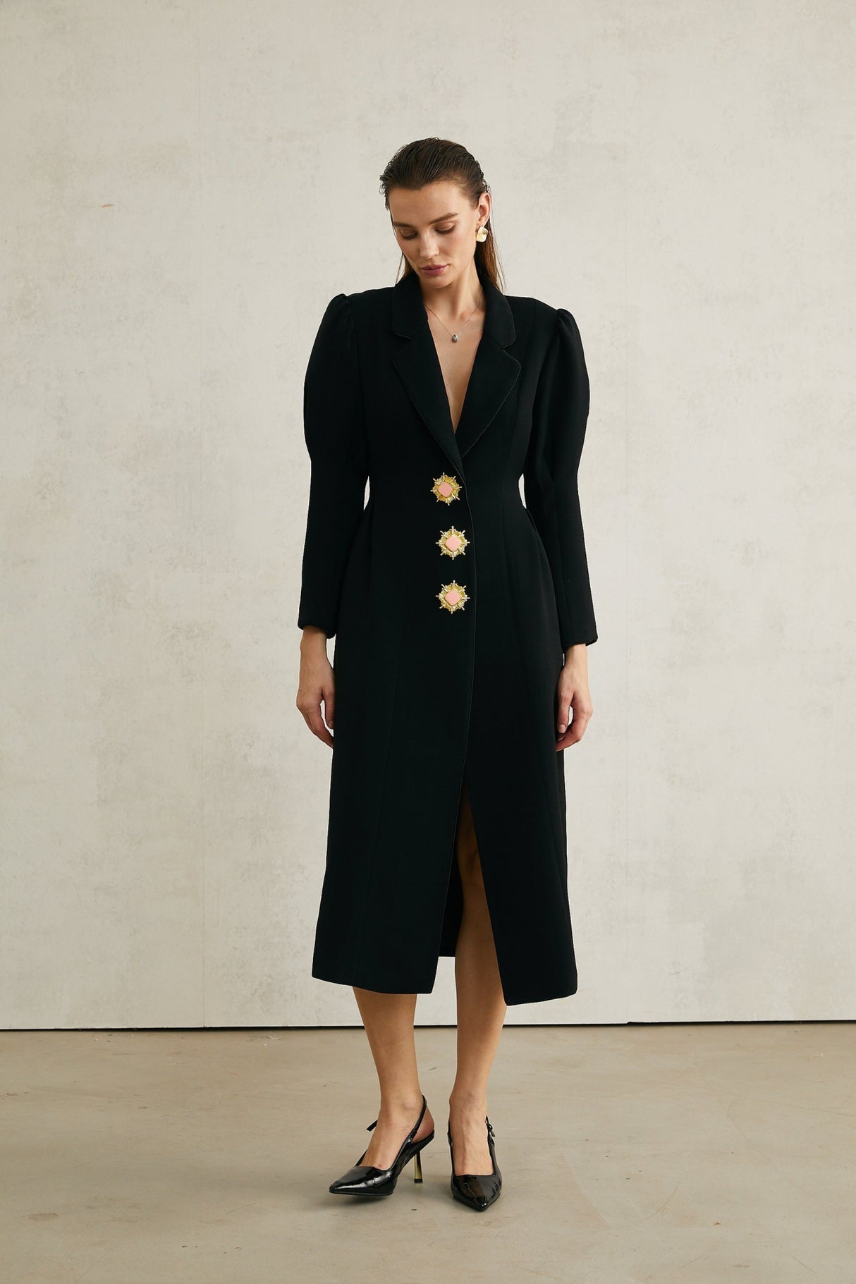 Corinna Long Sleeve Midi Dress - Lapel Neckline - Pleat Detailing - Waist - Tightened Design - Front Button Fastening