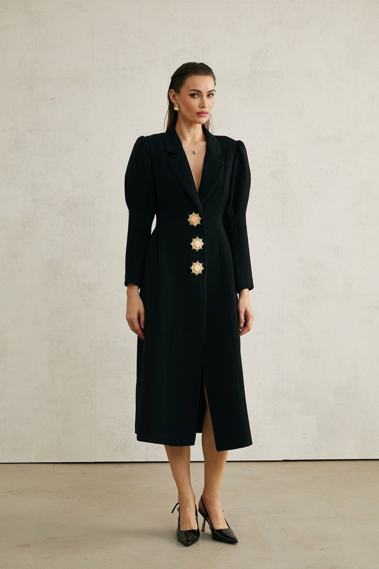 Corinna Long Sleeve Midi Dress - Lapel Neckline - Pleat Detailing - Waist - Tightened Design - Front Button Fastening