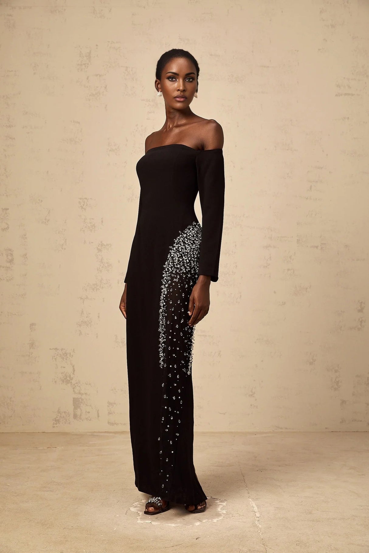 Corinna Maxi Dress Black Mesh Crystal Embellished Slit Zip Detail