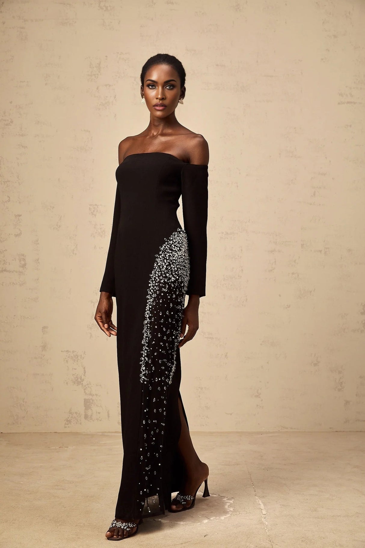 Corinna Maxi Dress Black Mesh Crystal Embellished Slit Zip Detail