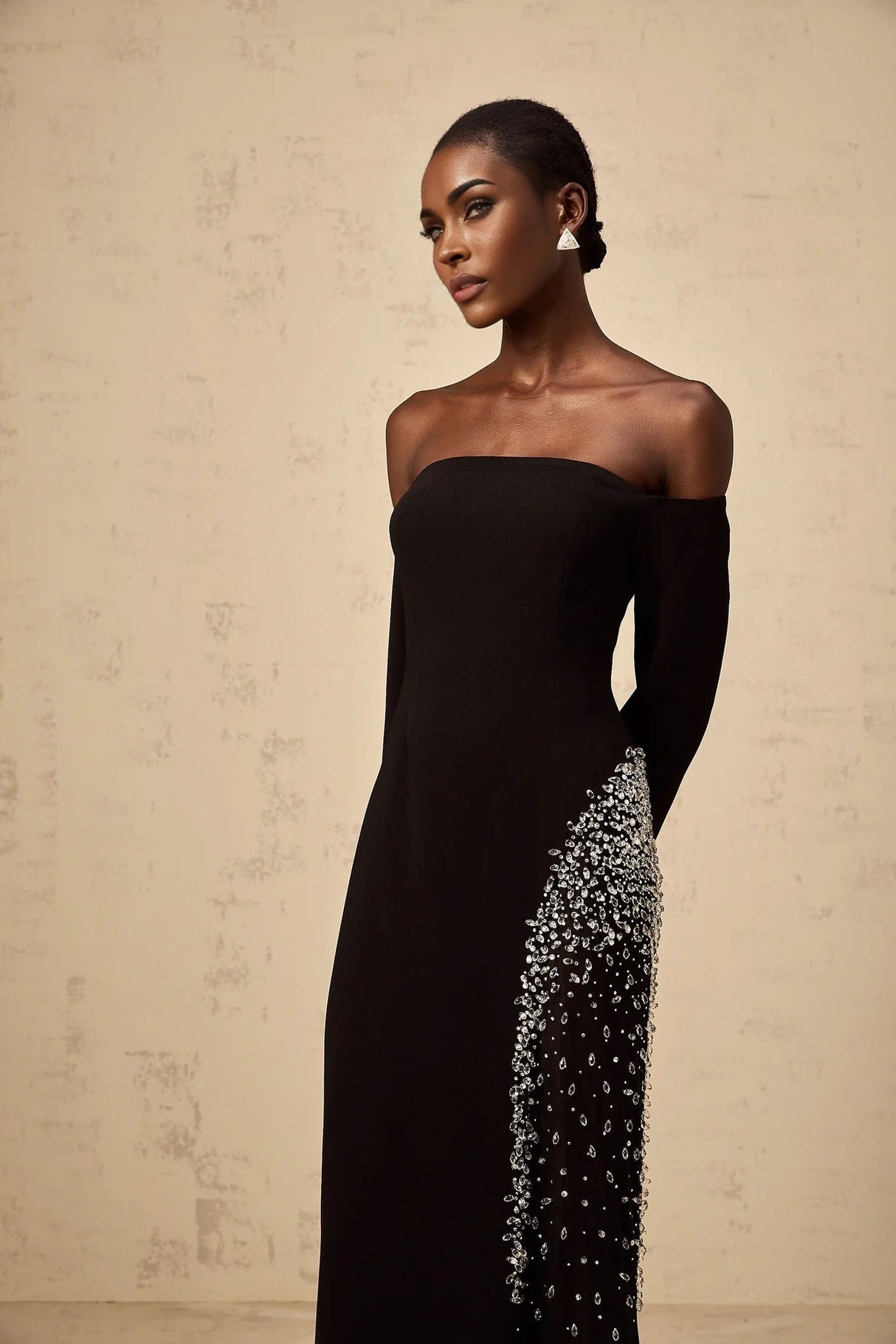 Corinna Maxi Dress Black Mesh Crystal Embellished Slit Zip Detail