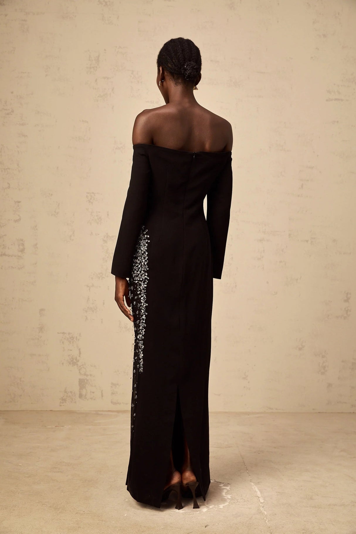 Corinna Maxi Dress Black Mesh Crystal Embellished Slit Zip Detail