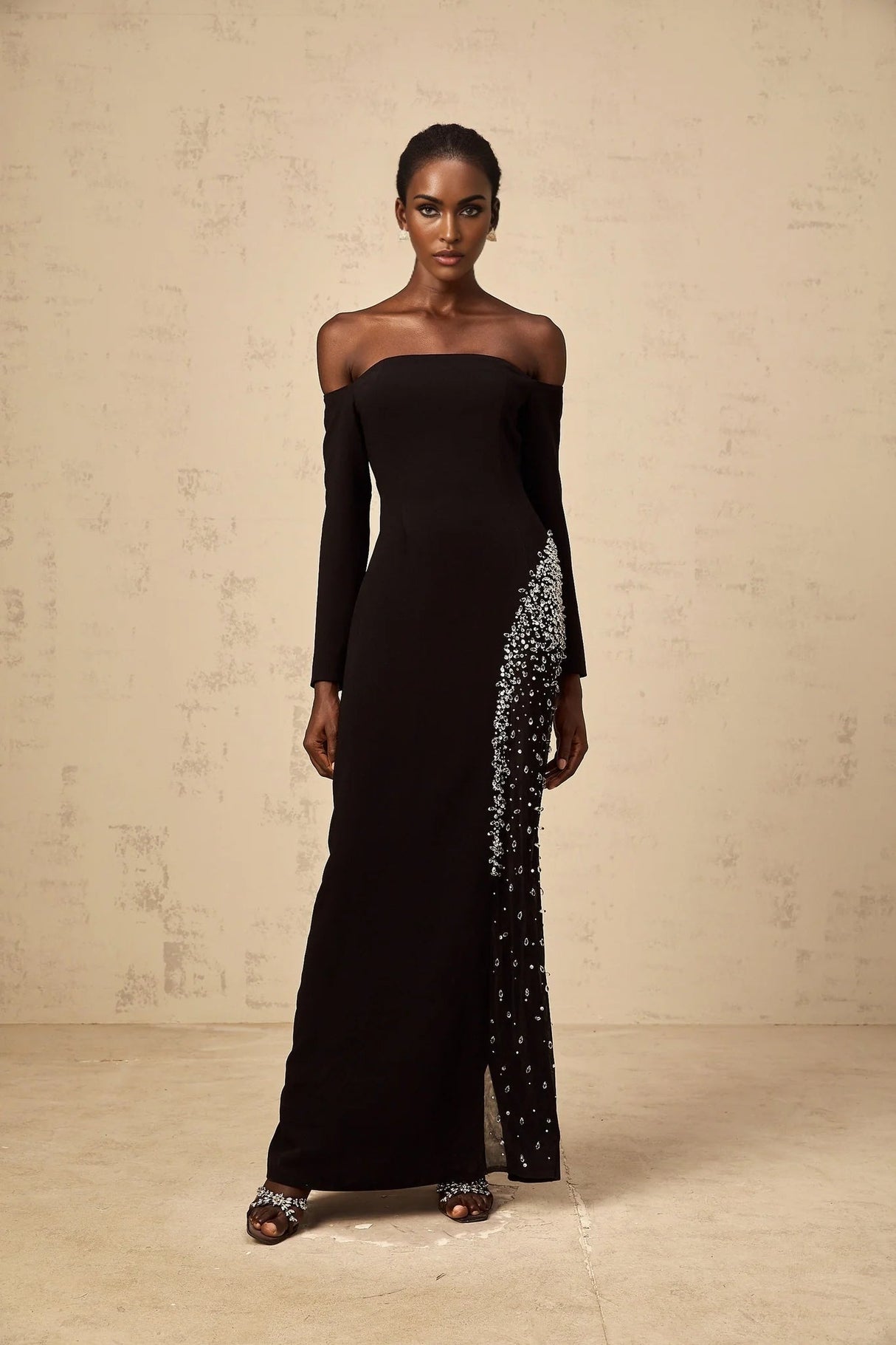 Corinna Maxi Dress Black Mesh Crystal Embellished Slit Zip Detail
