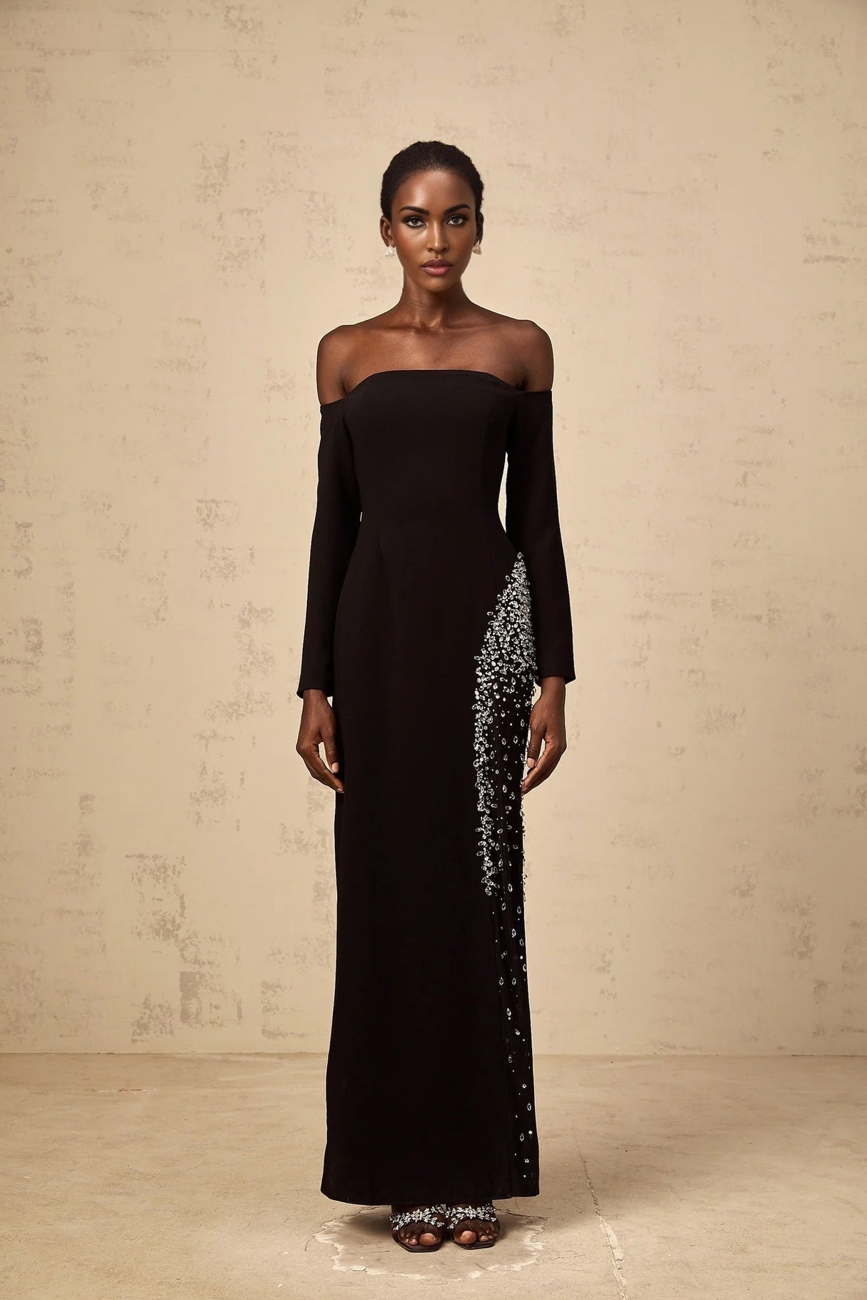 Corinna Maxi Dress Black Mesh Crystal Embellished Slit Zip Detail