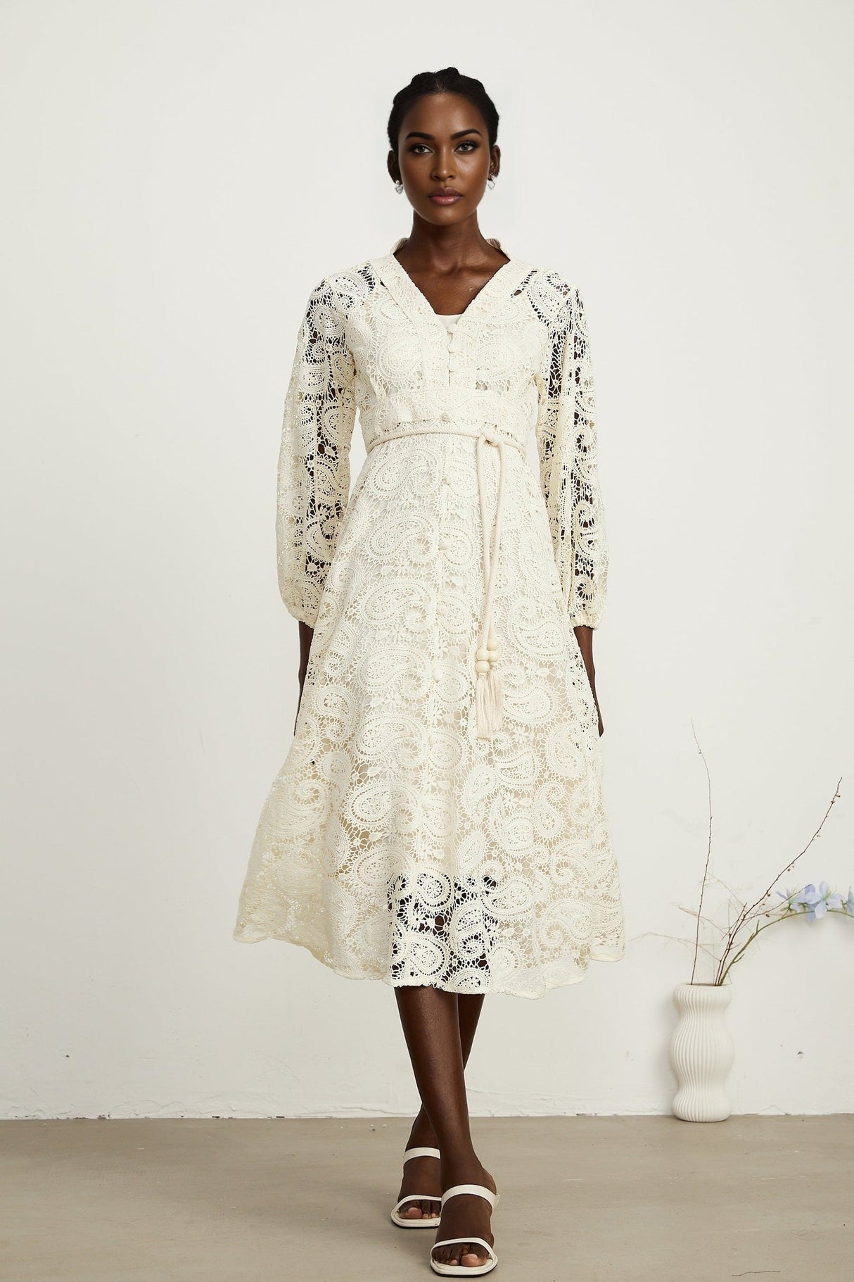 Corinna Midi Dress – Paisley Pattern – V - Neck – Tied Waist