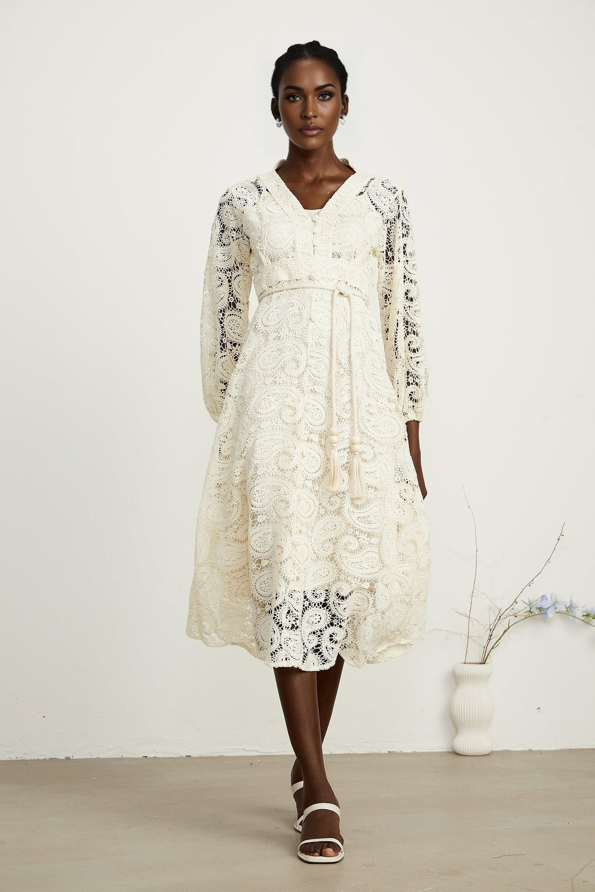 Corinna Midi Dress – Paisley Pattern – V - Neck – Tied Waist