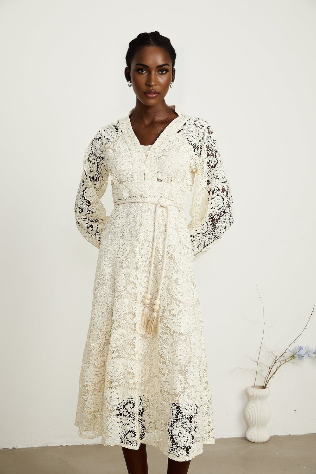 Corinna Midi Dress – Paisley Pattern – V - Neck – Tied Waist