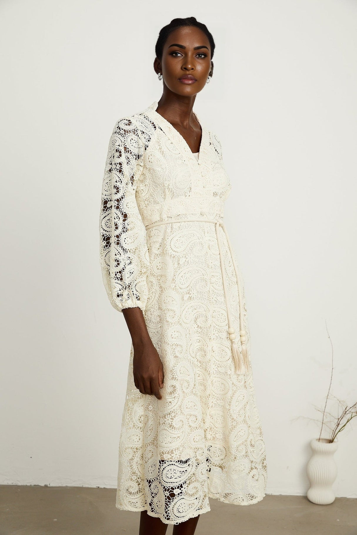 Corinna Midi Dress – Paisley Pattern – V - Neck – Tied Waist