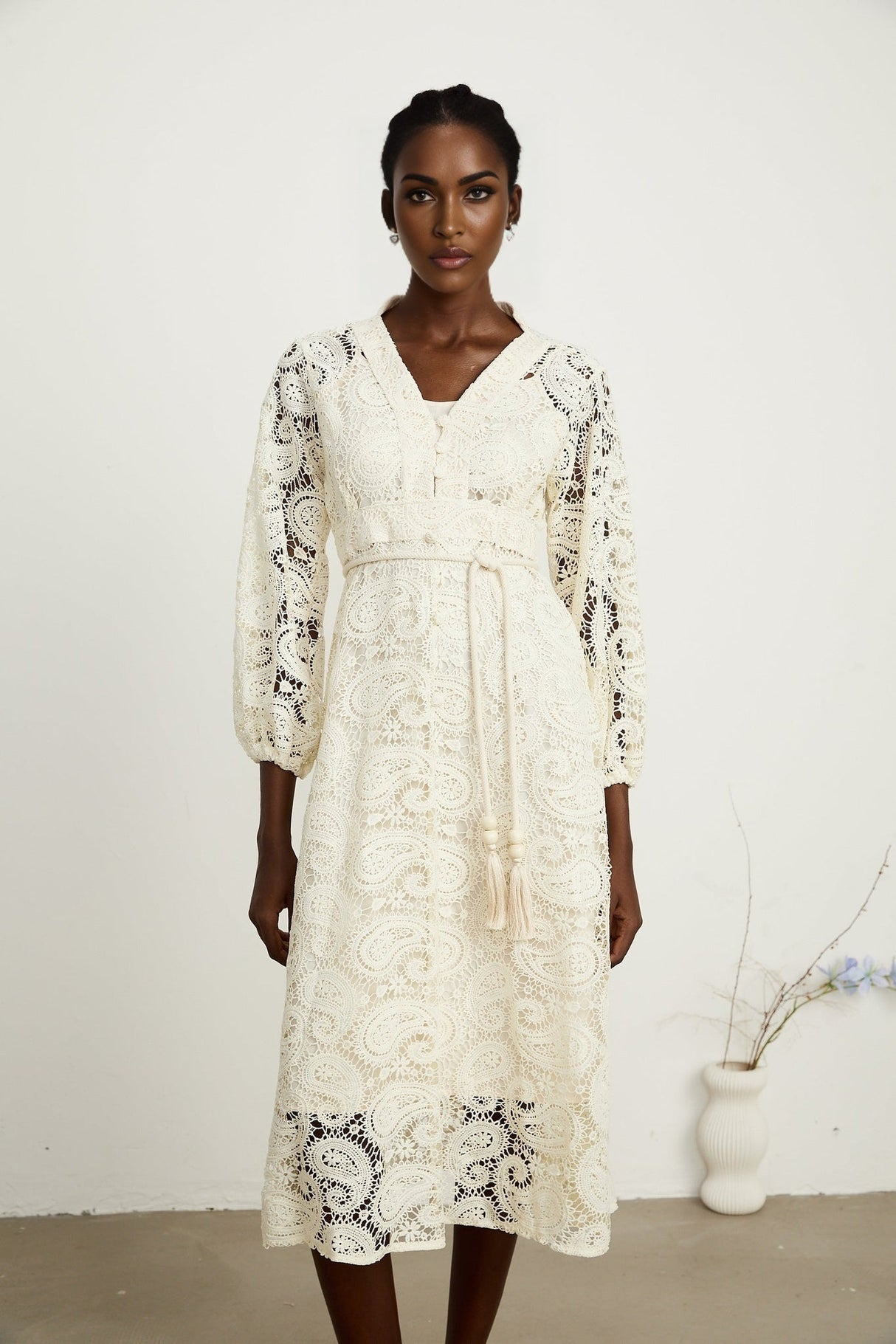 Corinna Midi Dress – Paisley Pattern – V - Neck – Tied Waist