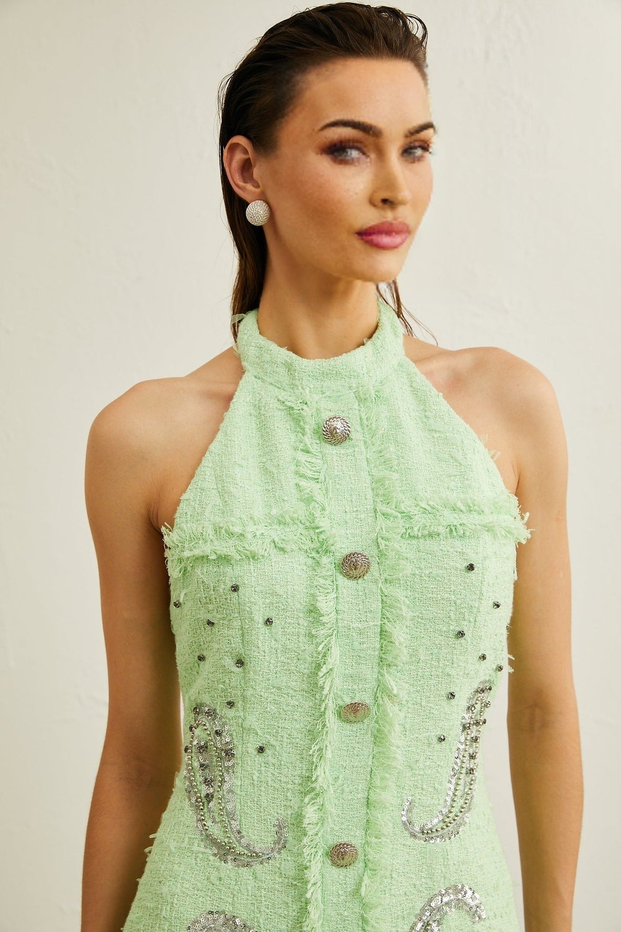 Corinna Mini Dress - Halterneck Fringed Beaded Sequined Buttoned Zipper Thigh - Length