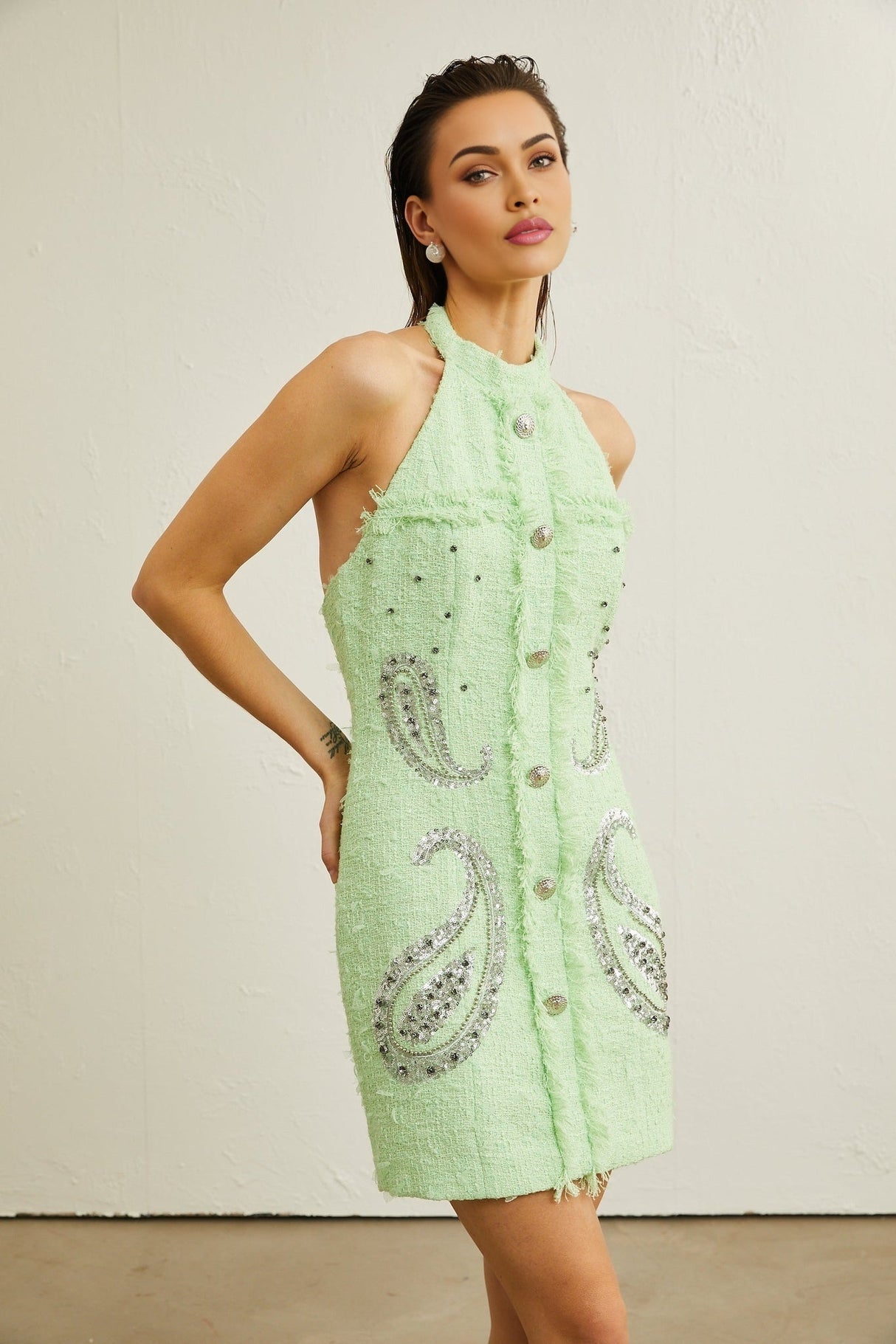 Corinna Mini Dress - Halterneck Fringed Beaded Sequined Buttoned Zipper Thigh - Length