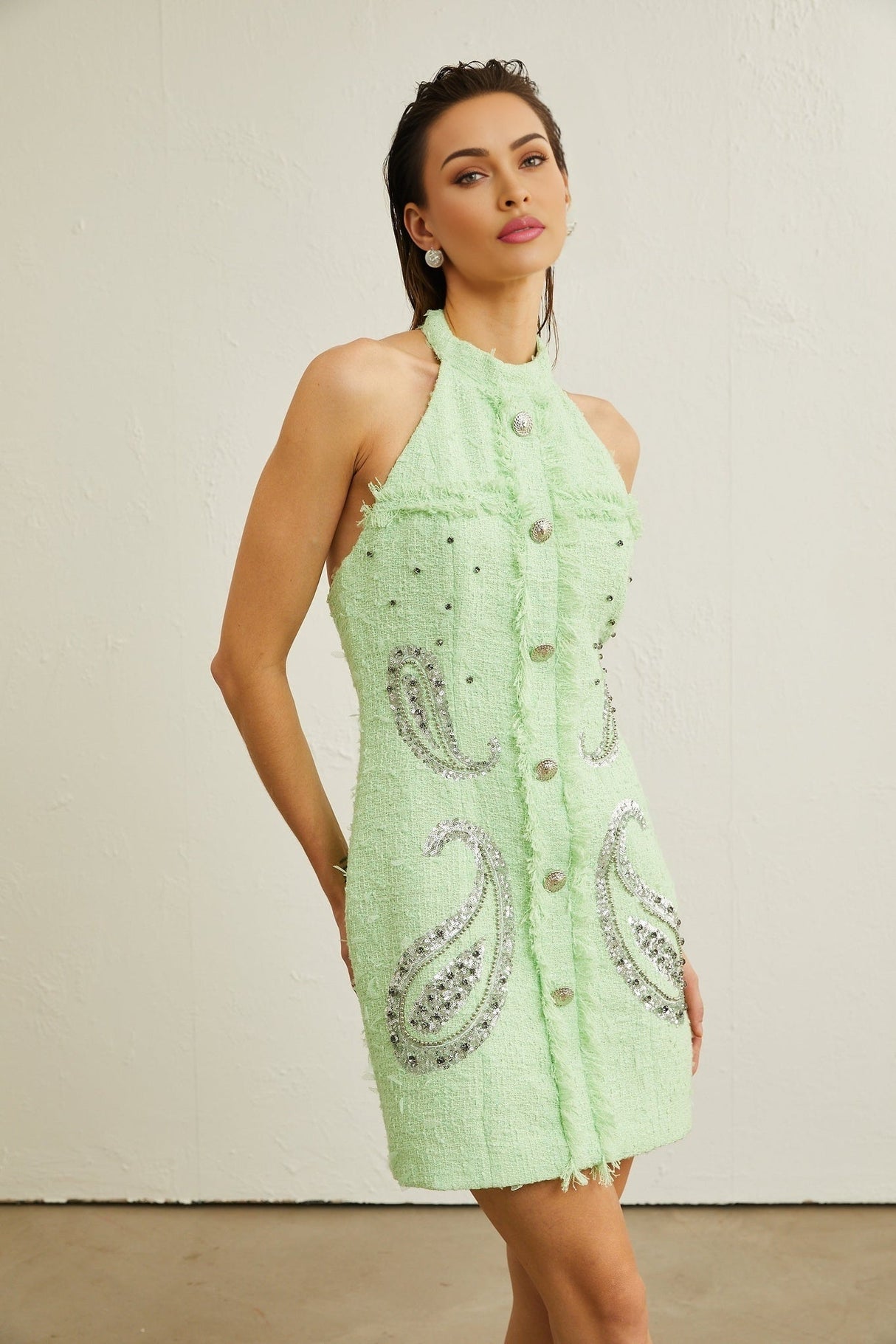 Corinna Mini Dress - Halterneck Fringed Beaded Sequined Buttoned Zipper Thigh - Length