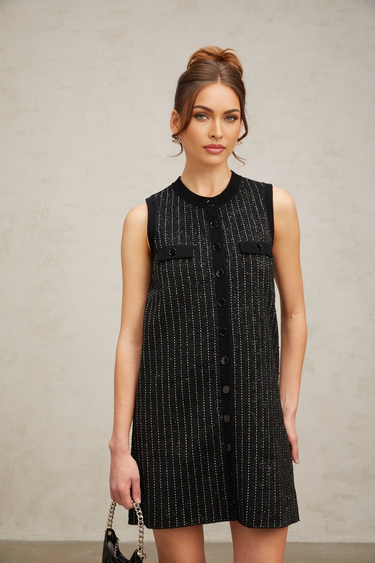 Corinna Mini Dress - Knitted Sleeveless Velvet Stripe Sequin Embellished